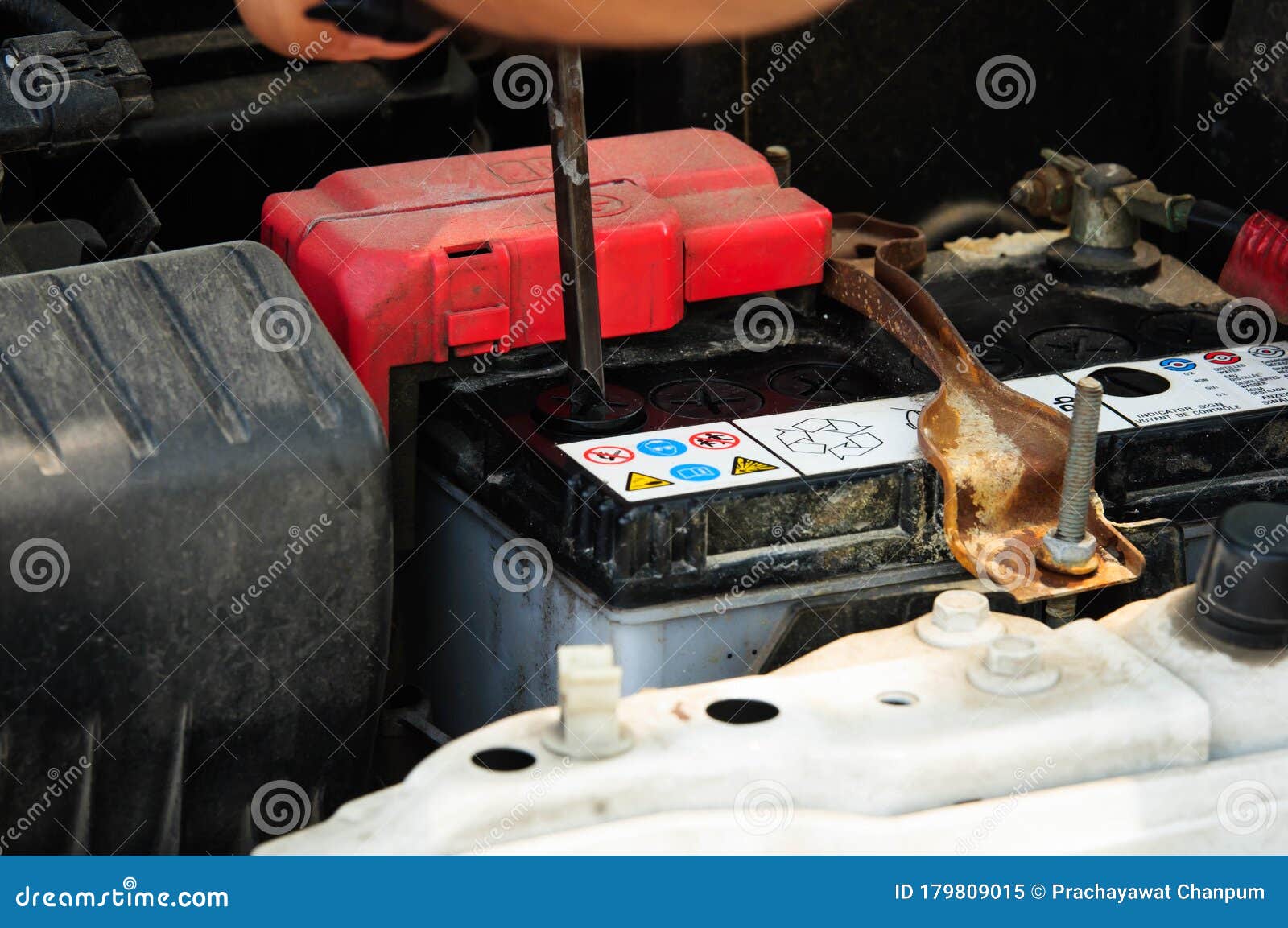 Screwing Car Battery Cover To Maintenance Battery Stock Image Image