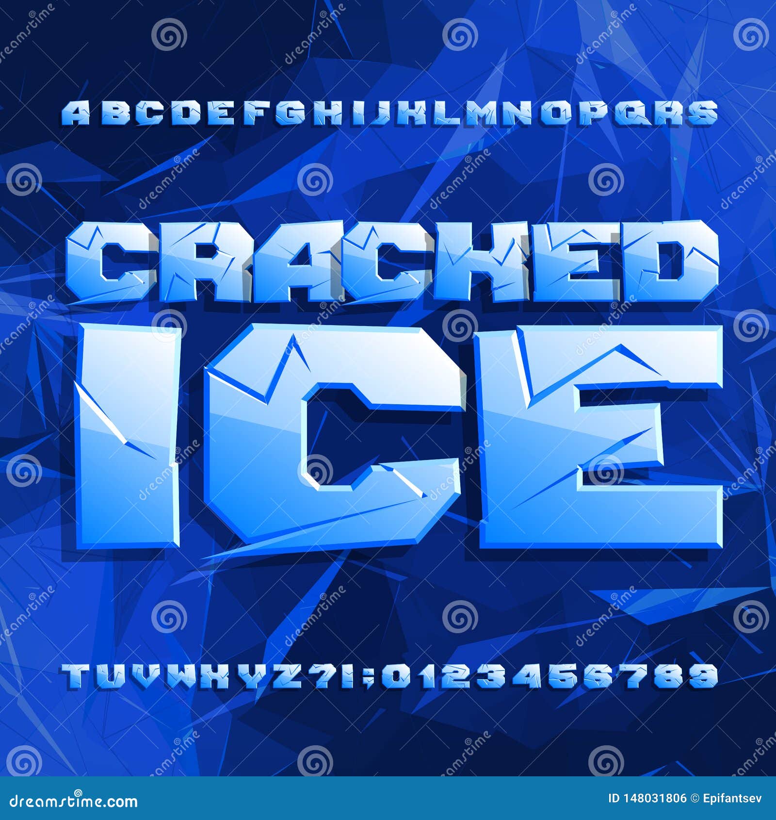 cracked ice alphabet font. frozen letters and numbers on polygonal background.
