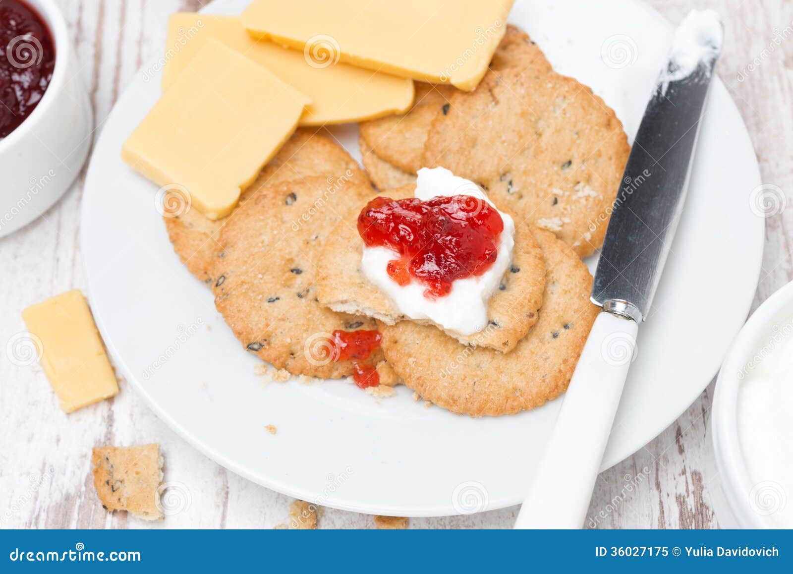 Crackers with Cream Cheese and Berry Jam for Breakfast, Closeup, Top