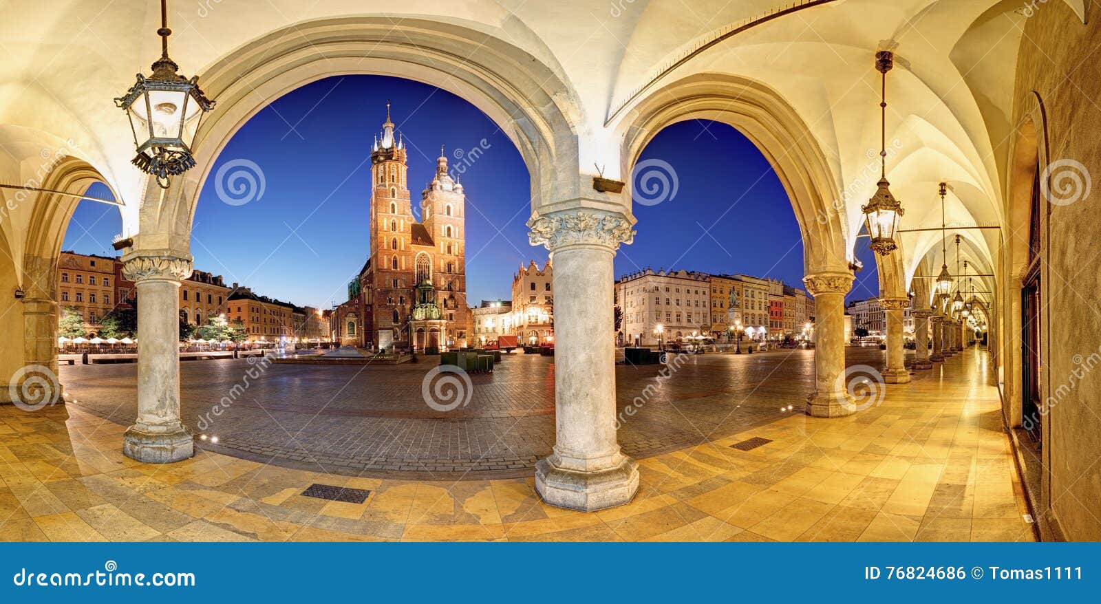 cracow, krakow market square at night, cathedral, poland