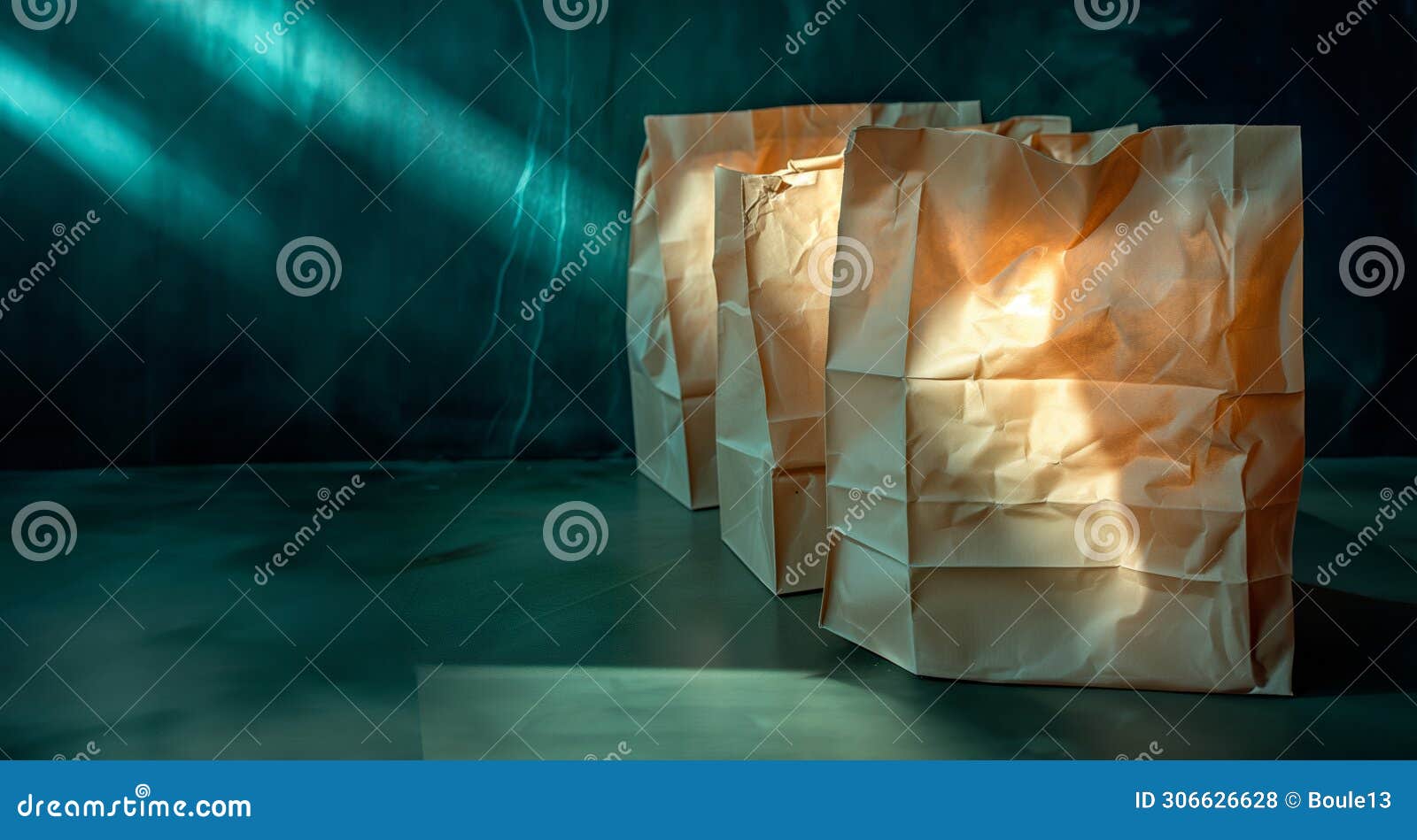 craft brown shopping paper bag on blue background with soft sfumato lightening.