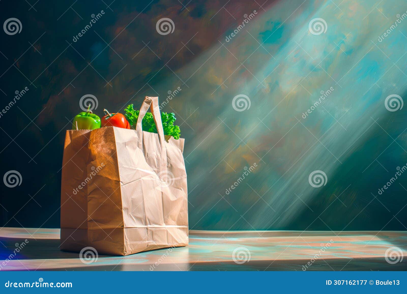 craft brown shopping paper bag on blue background with soft sfumato lightening.
