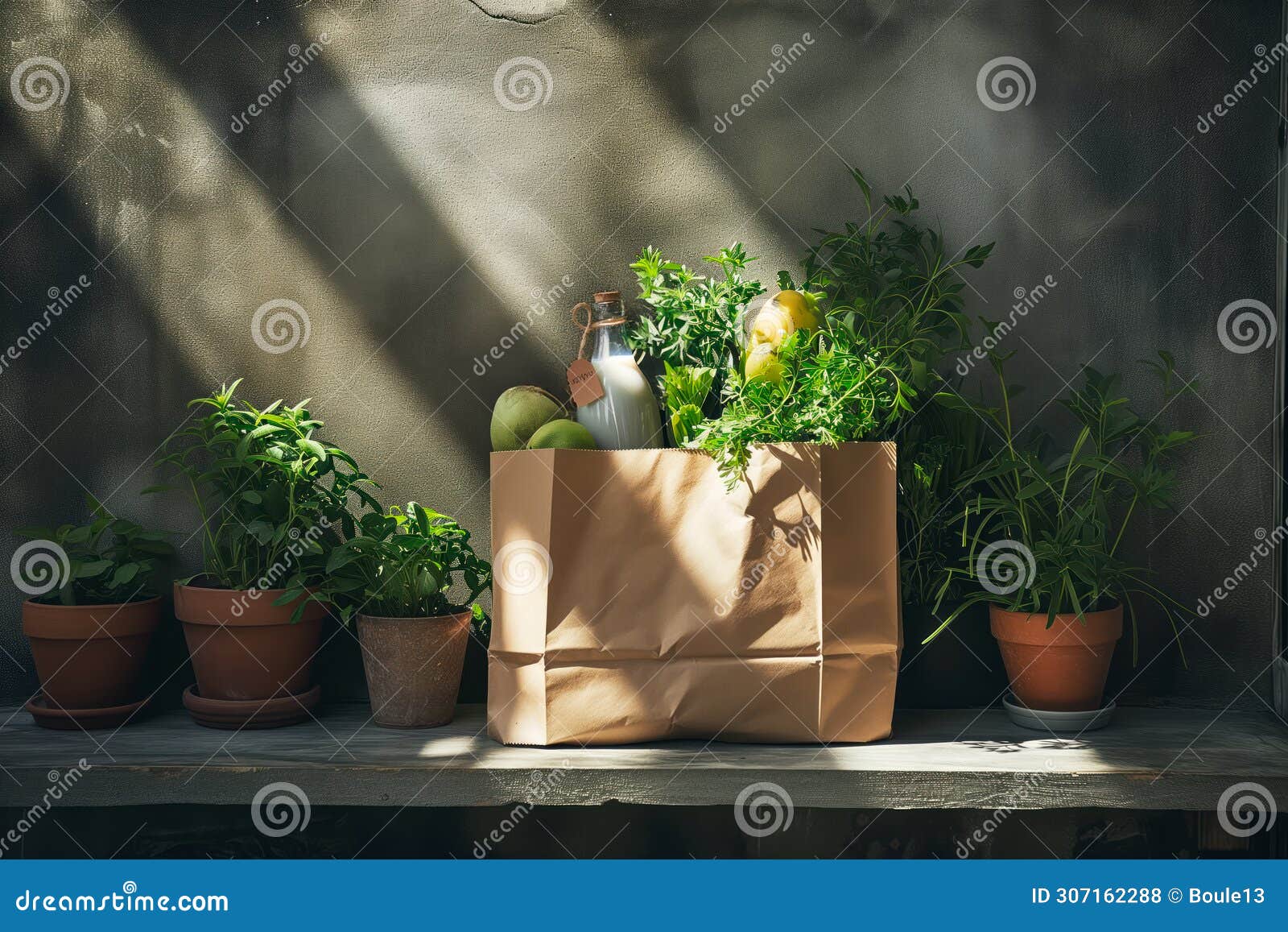 craft brown shopping paper bag on blue background with soft sfumato lightening.