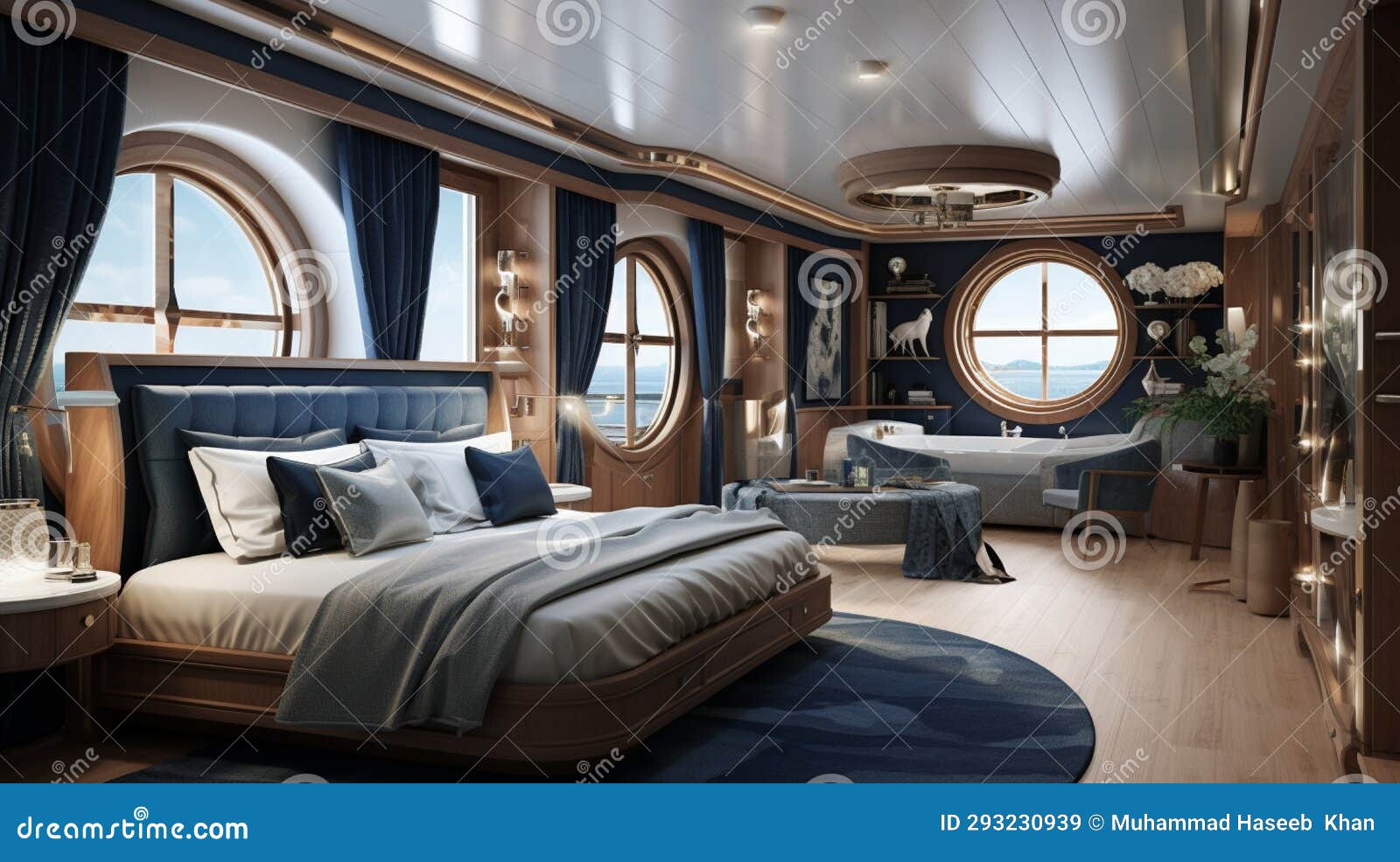 Craft a Nautical-themed Luxury Bedroom with a Yacht-inspired Design, Navy  Blue Accents, and Porthole-style Windows Overlooking the Stock Image -  Image of table, living: 293230939