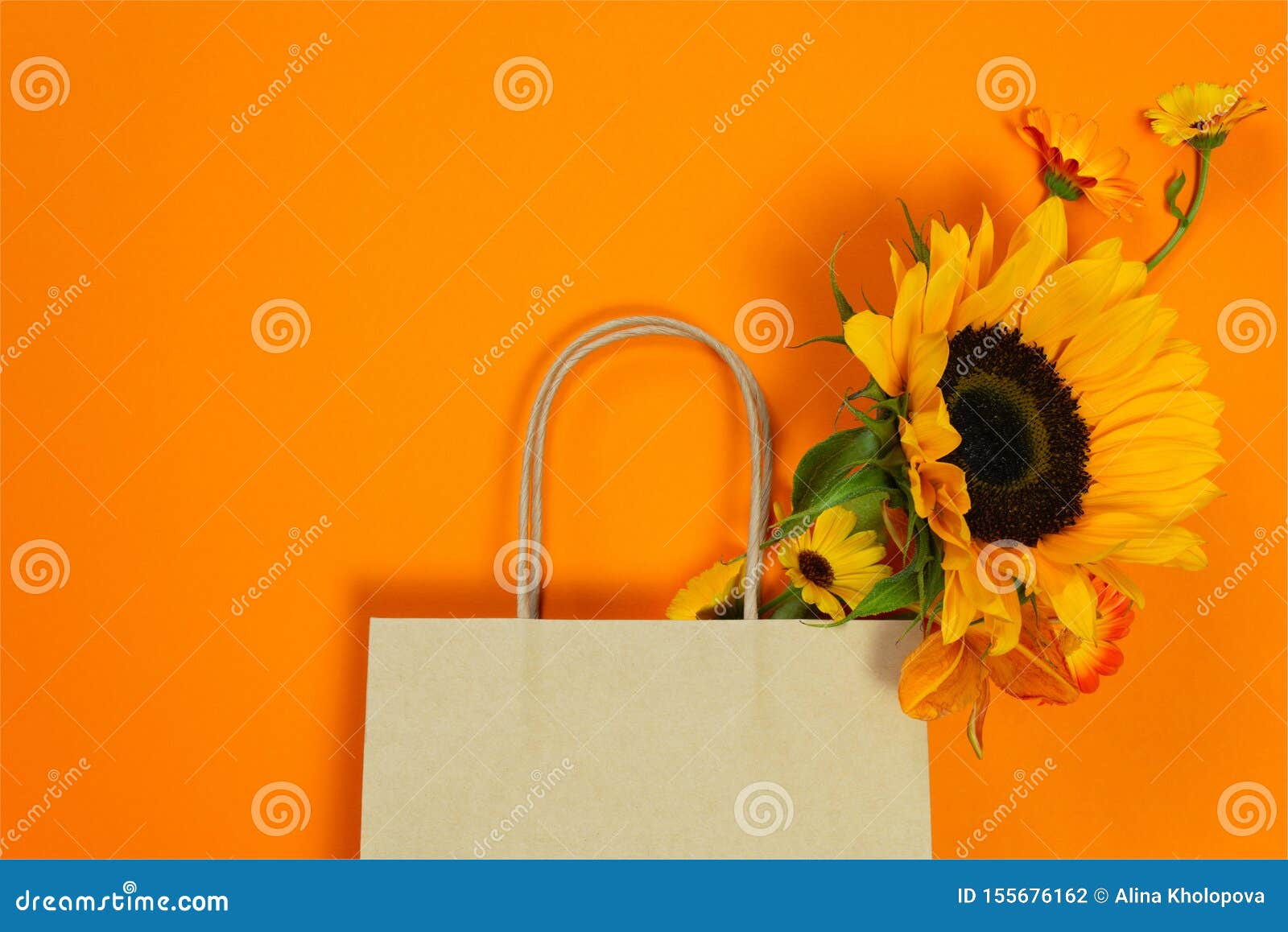 Craft Paper Bag with Autumn Bouquet with Sunflower Stock Photo - Image ...