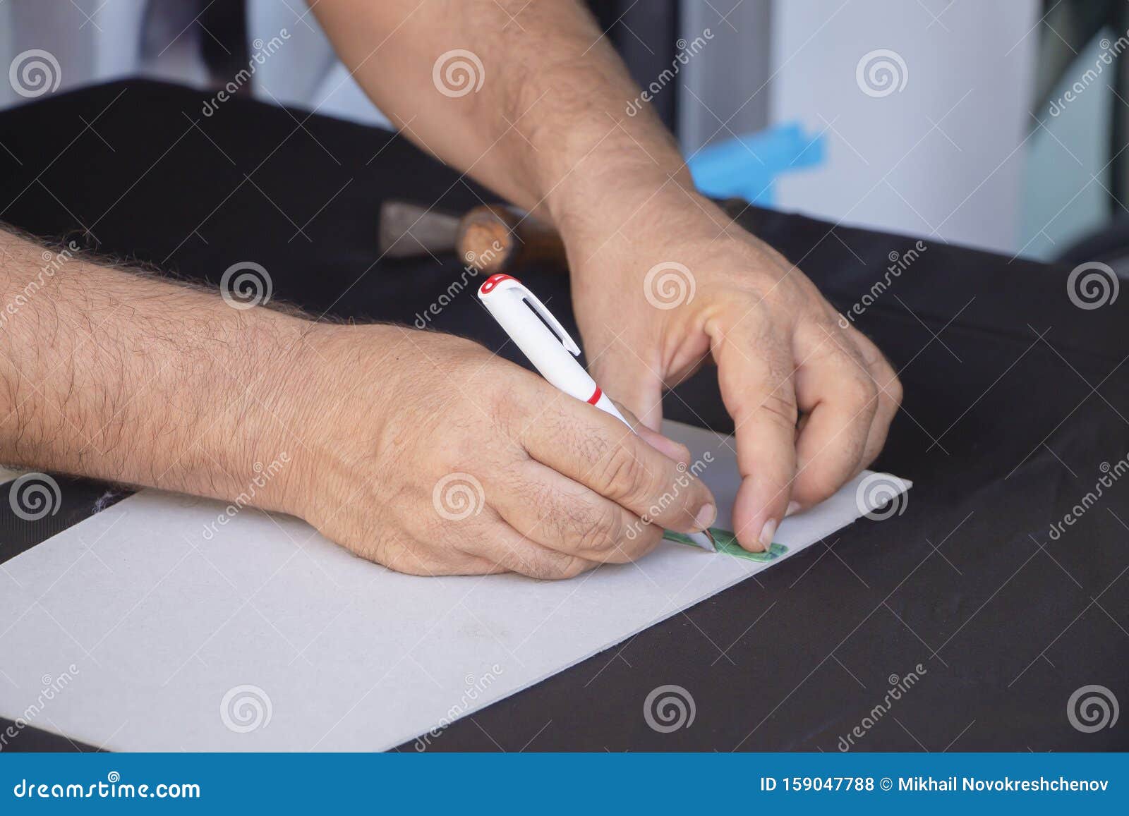 Craft on Sewing Leather Jackets. the Master Marks the Fabric
