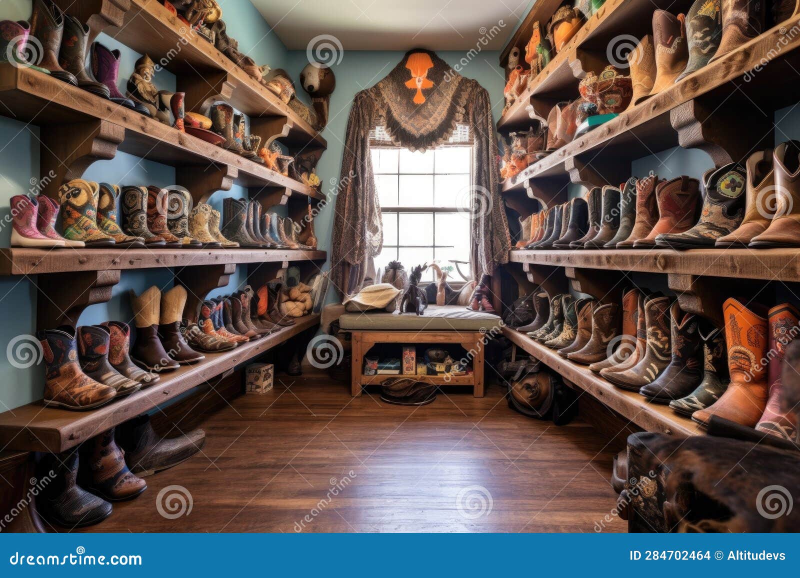 Crafted Cowboy Boots Showcased on Rustic Shelves Stock Photo - Image of