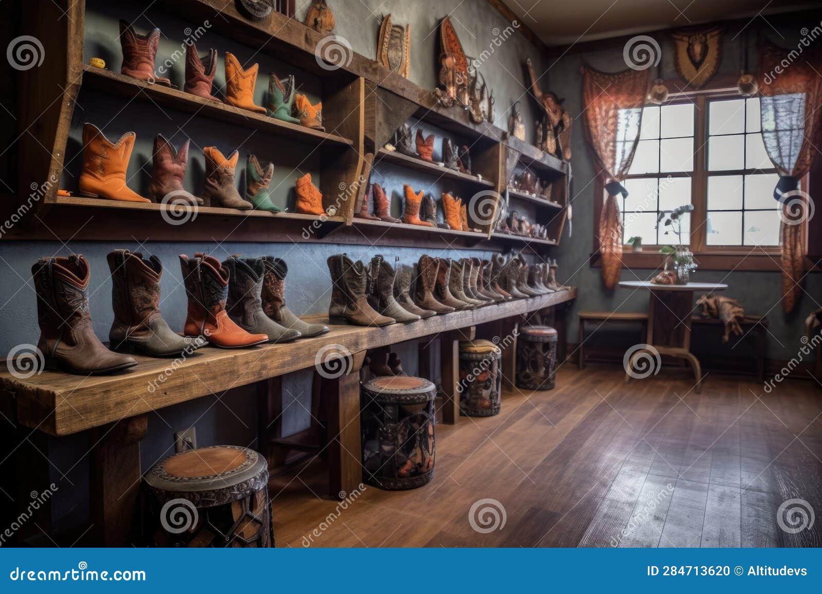 Crafted Cowboy Boots Showcased on Rustic Shelves Stock Photo - Image of