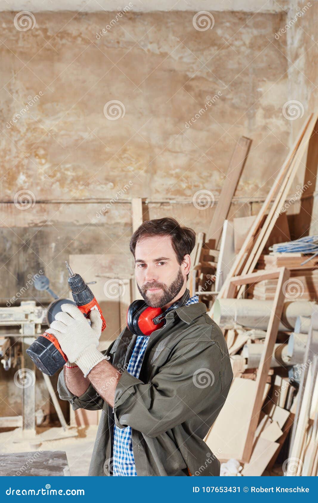 Craftsman As Carpenter with Drilling Machine Stock Image Image of