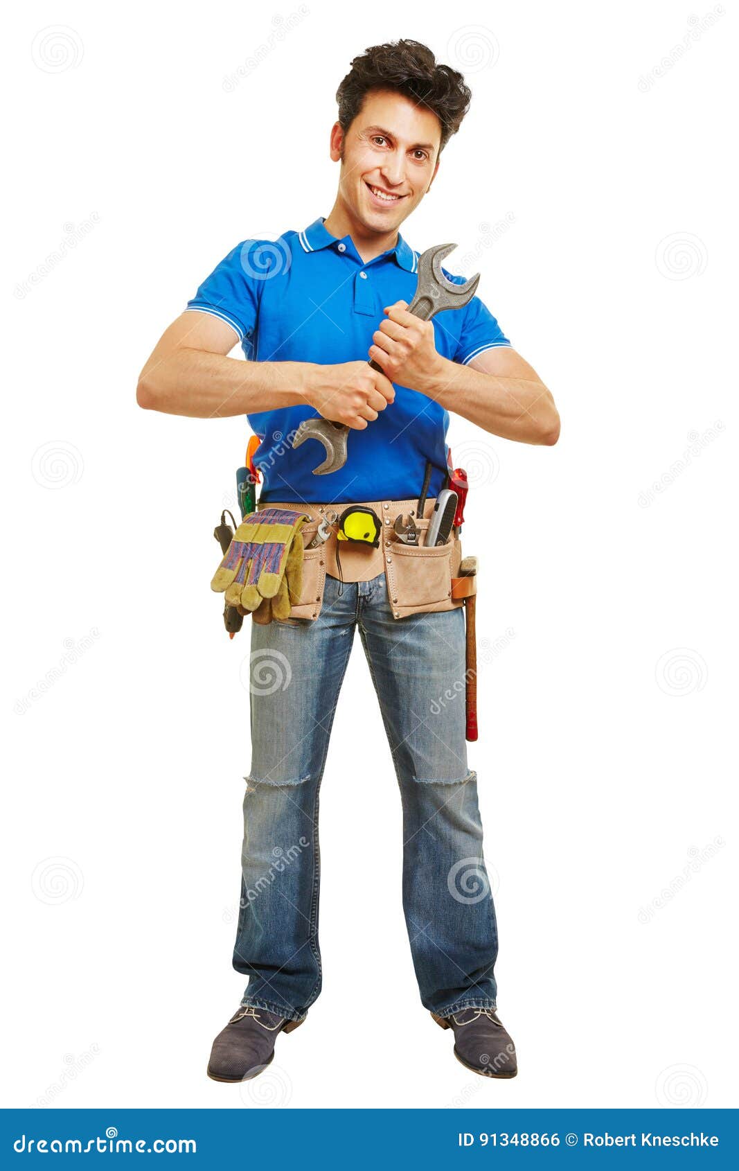 Craftsman with big wrench stock photo. Image of handyman 91348866
