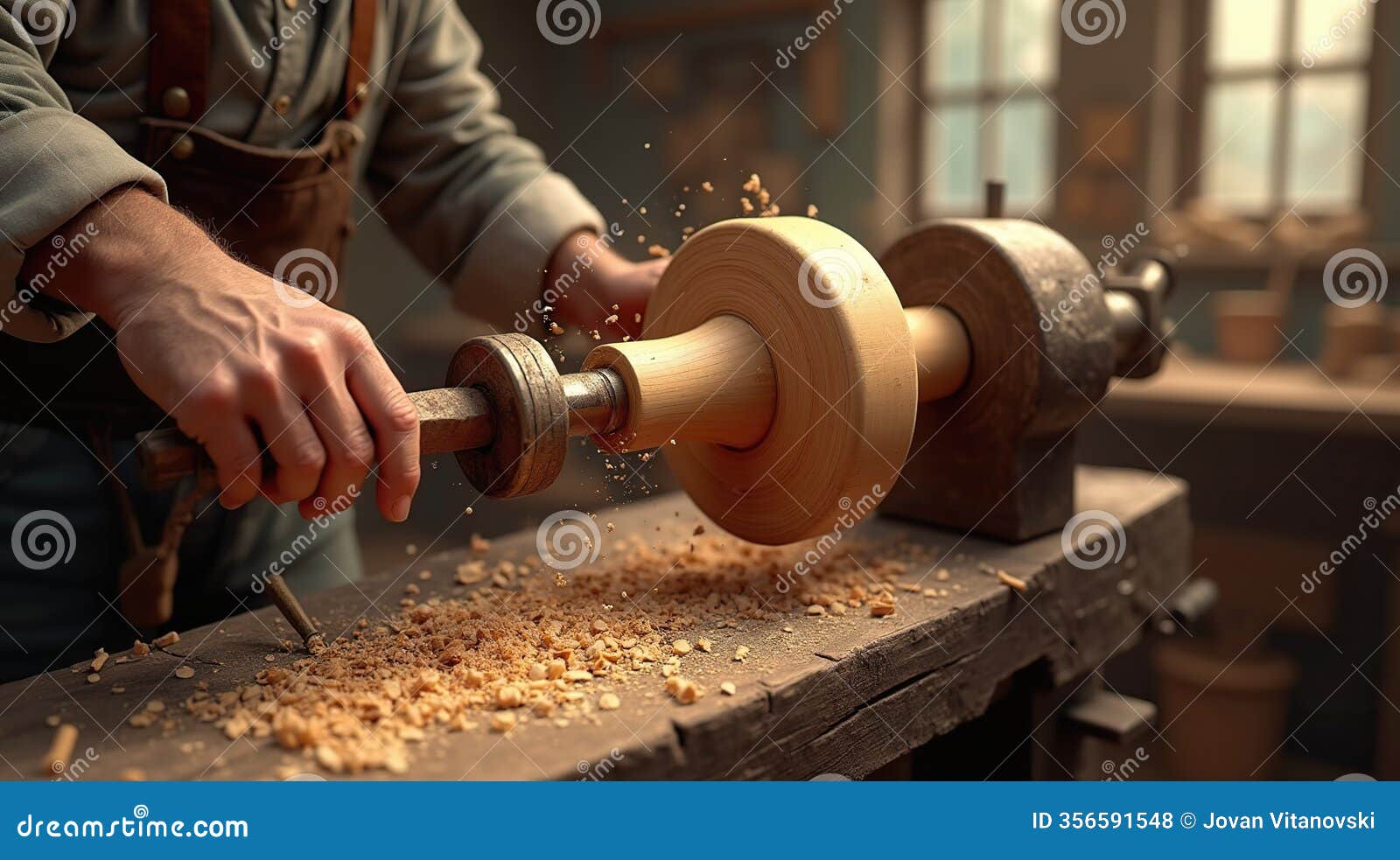 craftsman shaping wooden object on lathe in traditional workshop