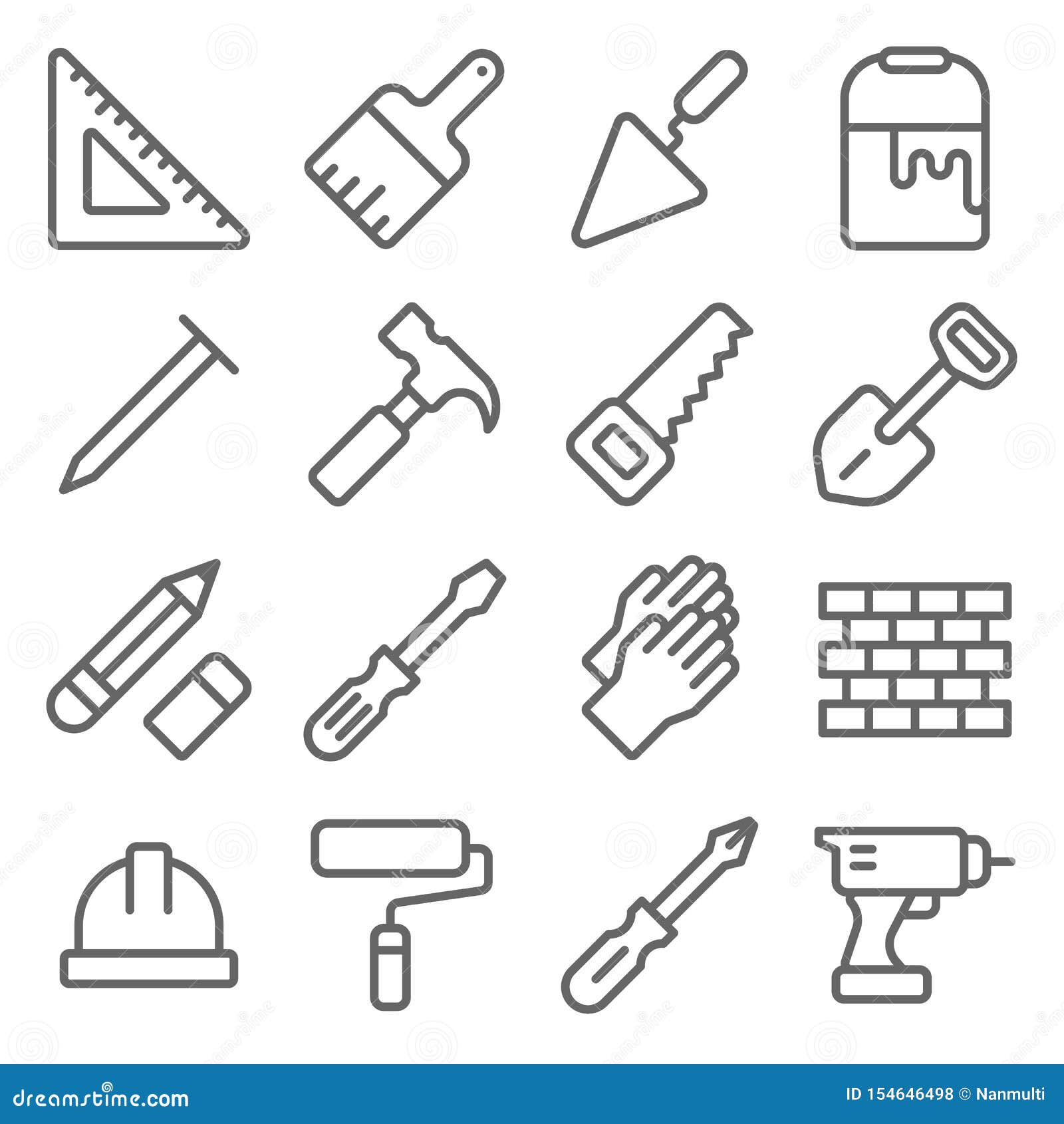 craftsman tool icon set. contains such icons as ruler, paint brush, brick ,saw, hammer and more. expanded stroke