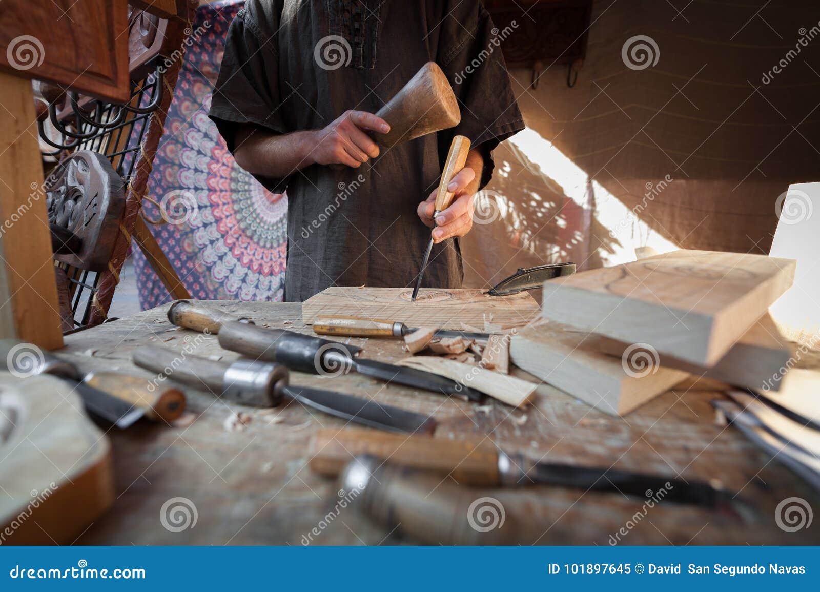 Wood Craftsman with Various Hand Tools Working Stock Image Image of