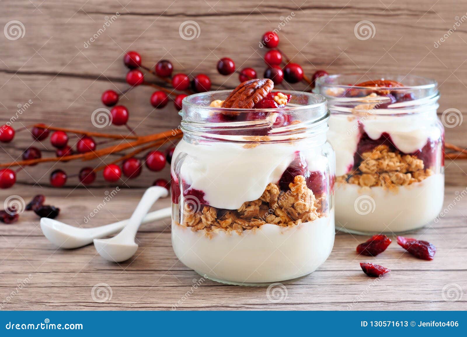 Cranberry Granola Parfaits in Mason Jars Over Wood Stock Image Image