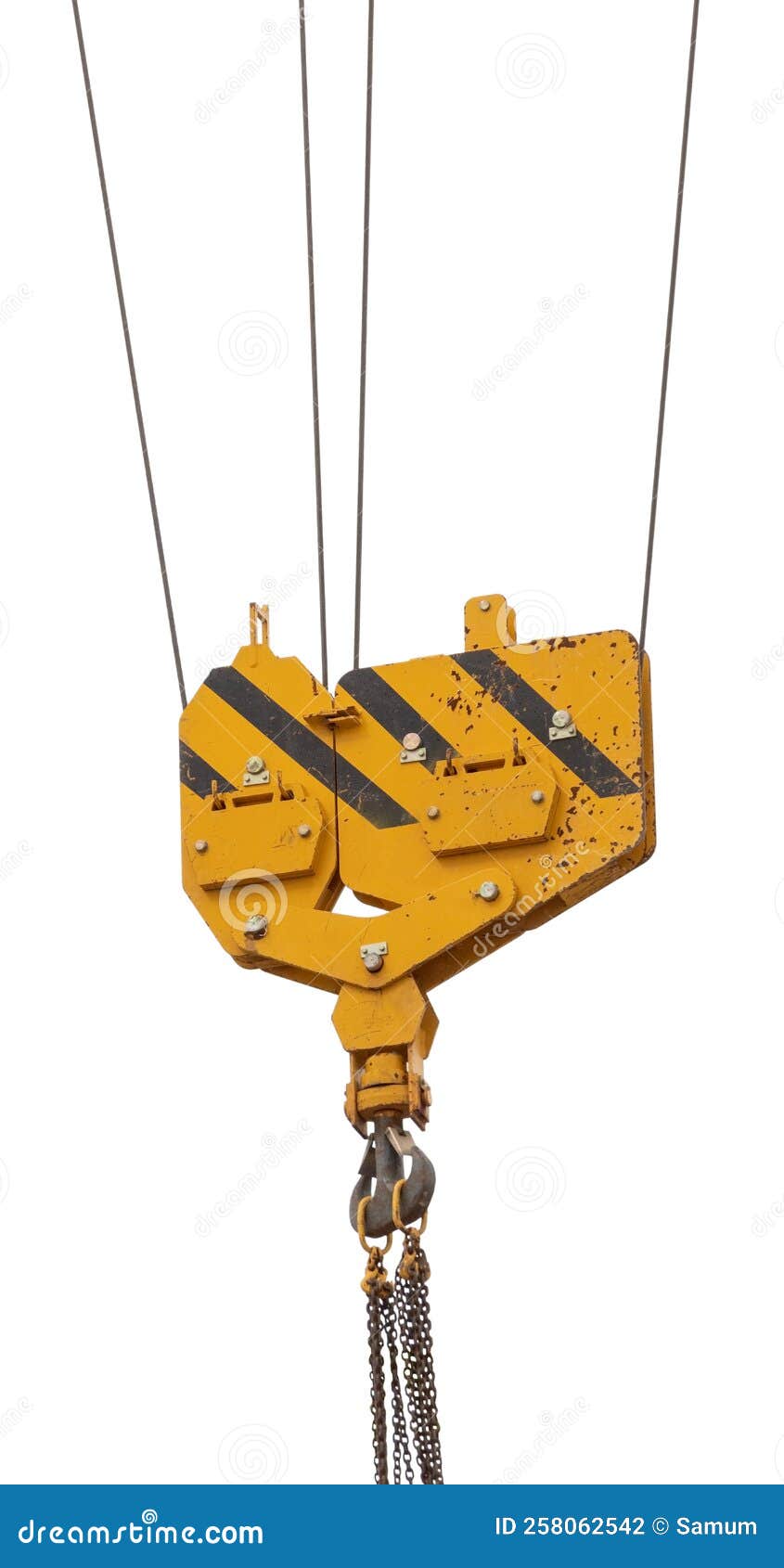 Crane Hook Hanging on Steel Ropes Isolated on White Stock Photo