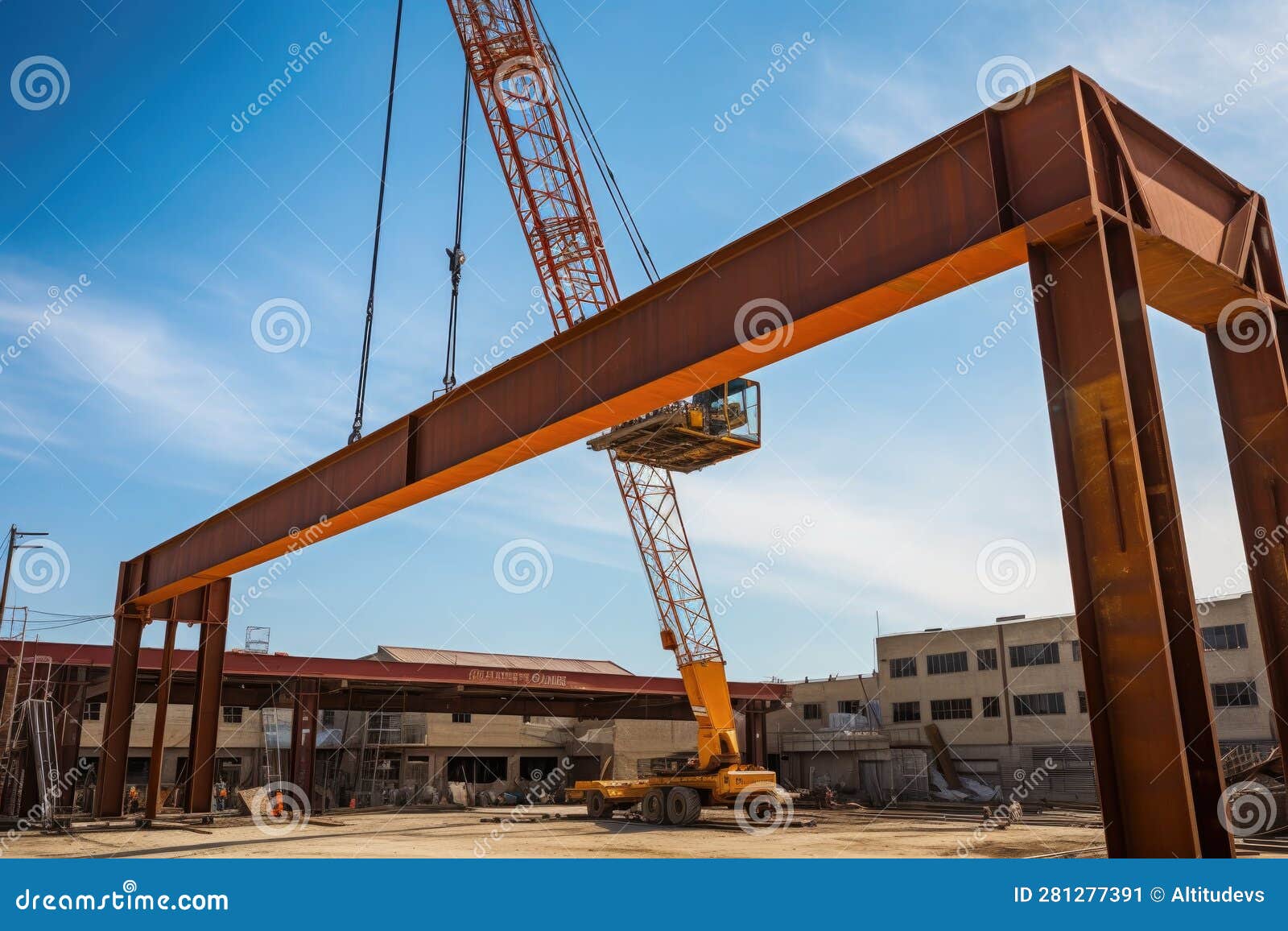 Crane Lifting Steel Beams for Building Construction Stock Illustration