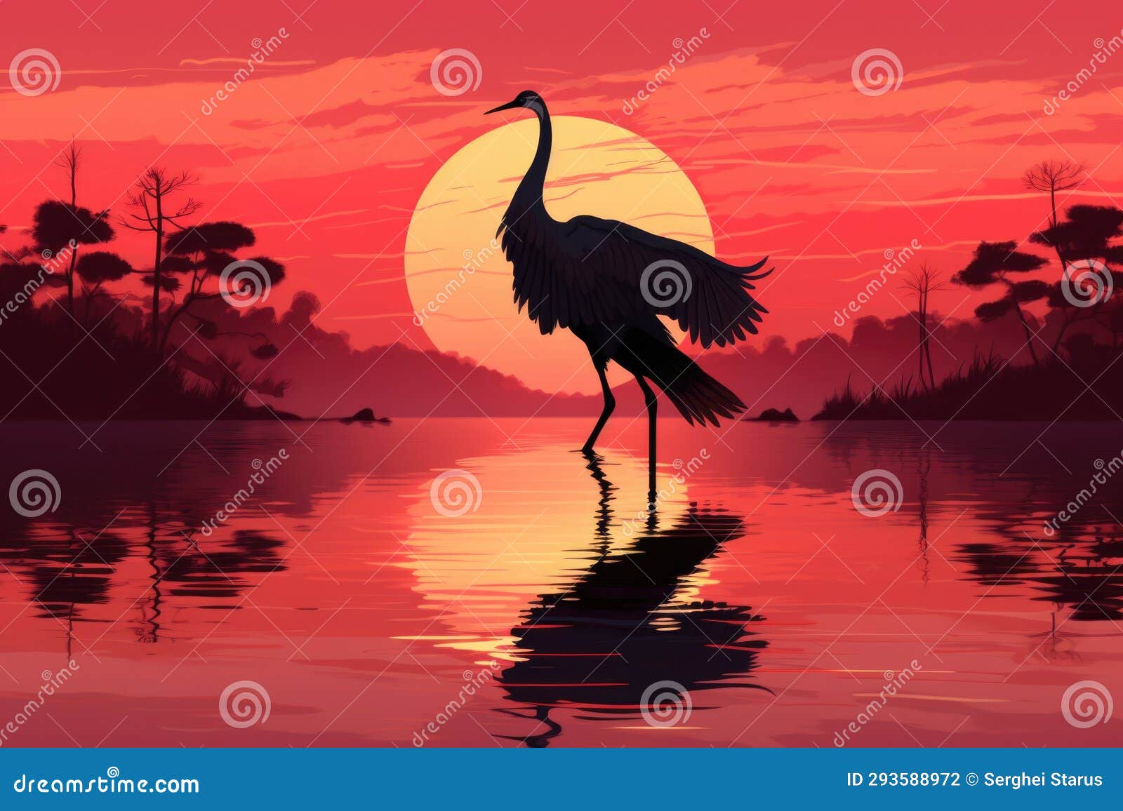 A Crane Standing on the Water at Sunset, AI Stock Illustration Illustration of night, tropical