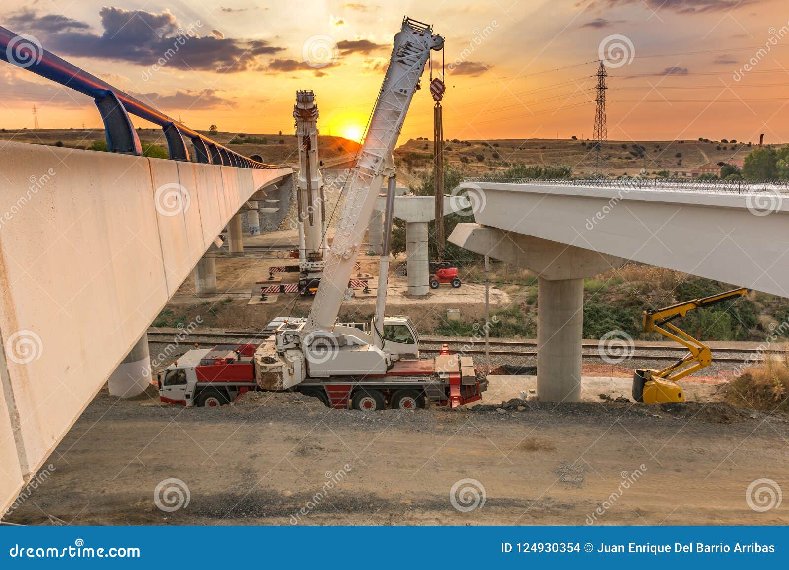 Crane Trucks in the Construction of a Bridge Stock Photo Image of