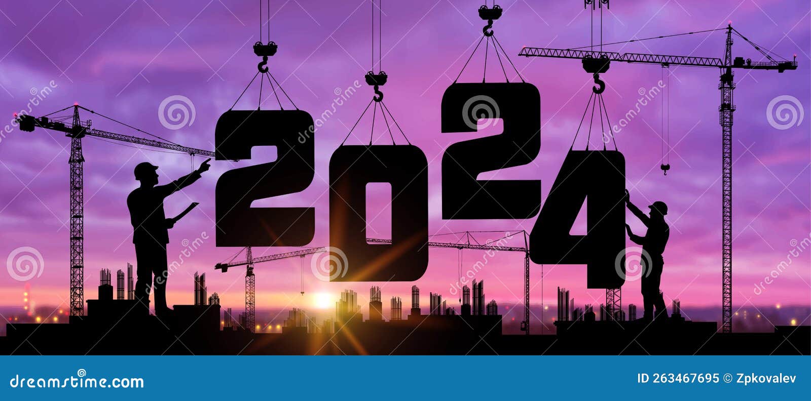 cranes building construction 2024 year sign. black silhouette staff works as a team to prepare to welcome the new year 2024.