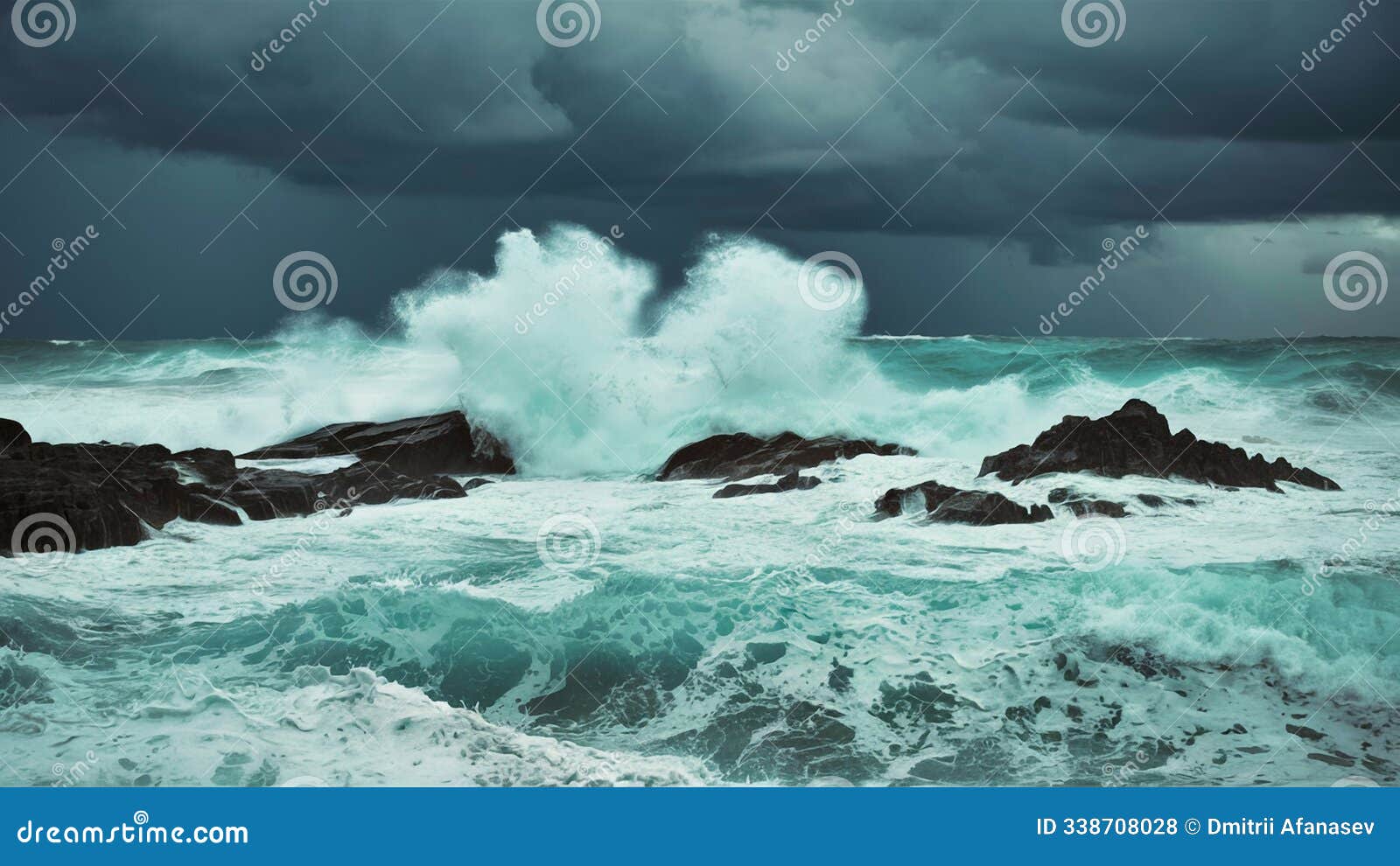 stormy waves against rugged rocks with dark clouds