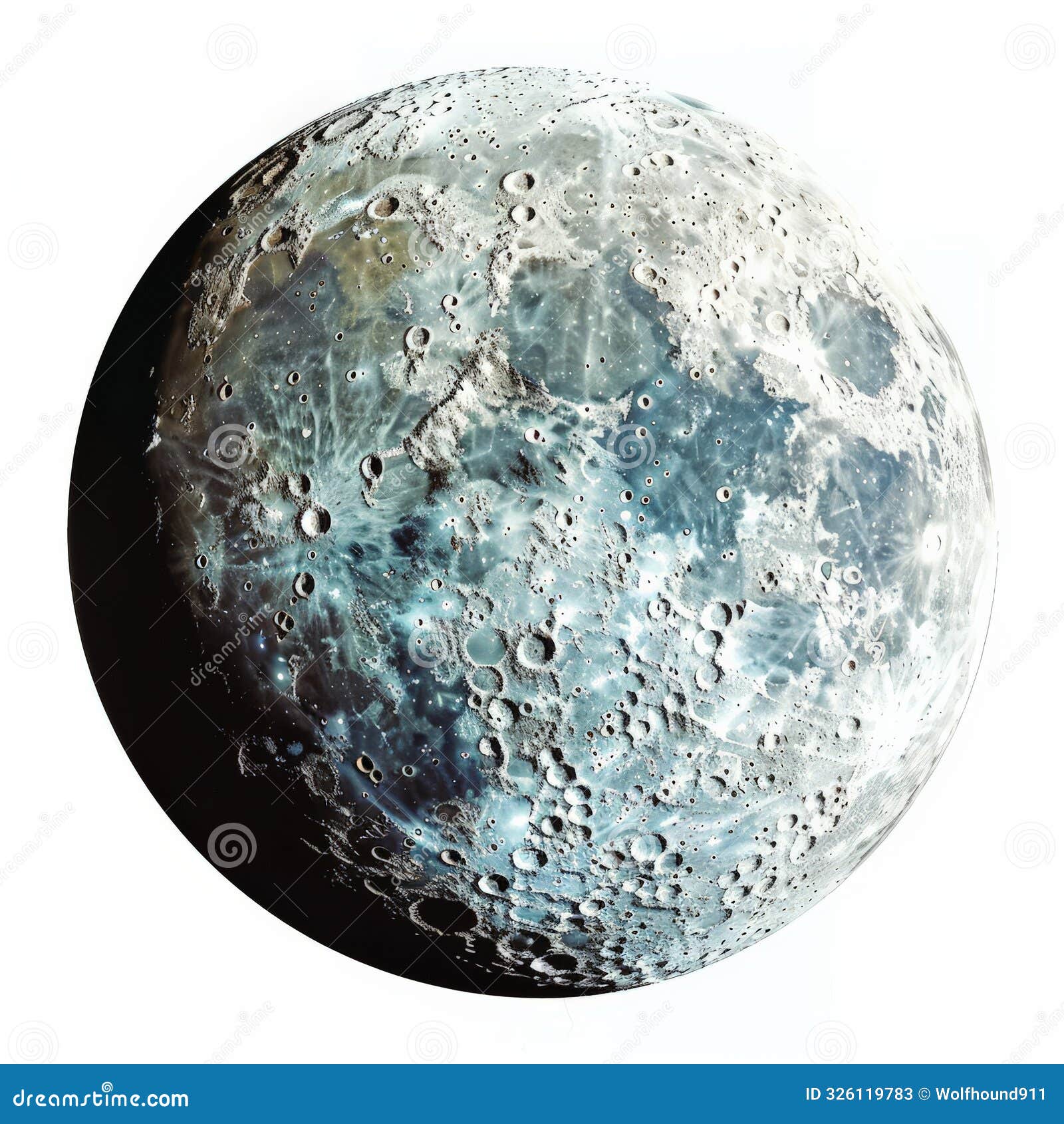 a cratered moon orbiting a distant planet, with its rugged surface and various impact craters,