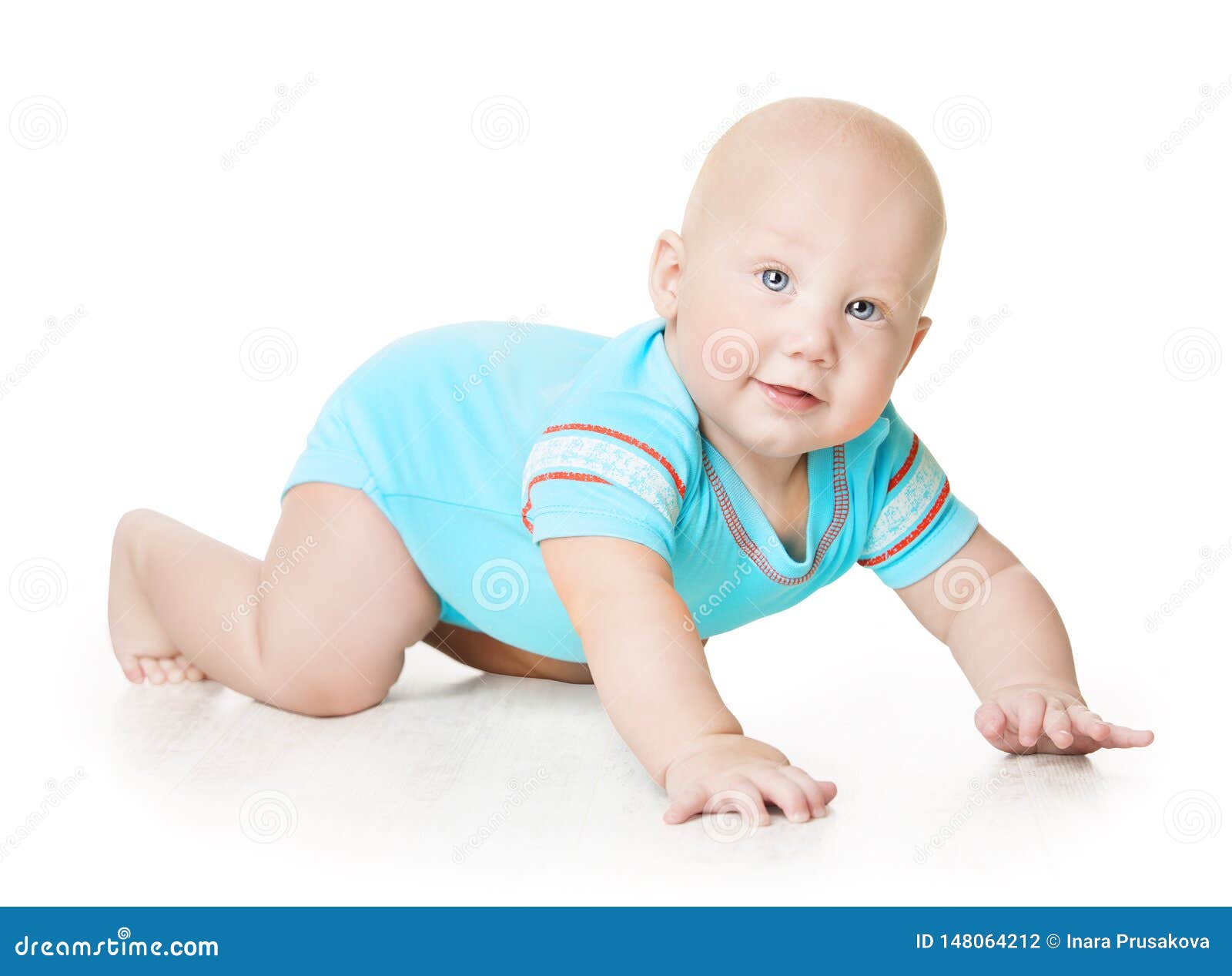 crawling baby, infant kid crawl in romper on white, happy six months old child