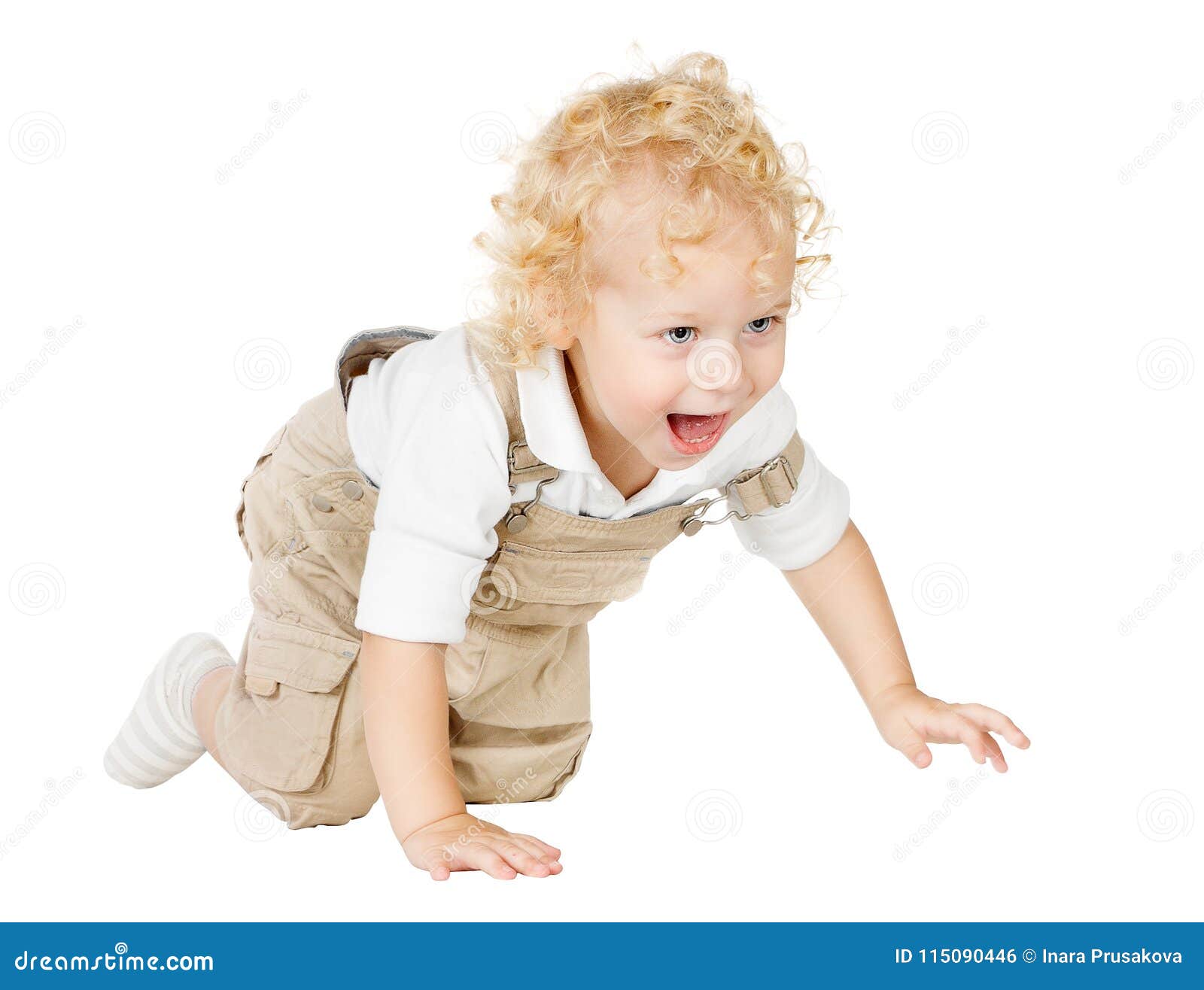 Crawling Child, One Year Old Kid Crawl on All Fours, Baby on White