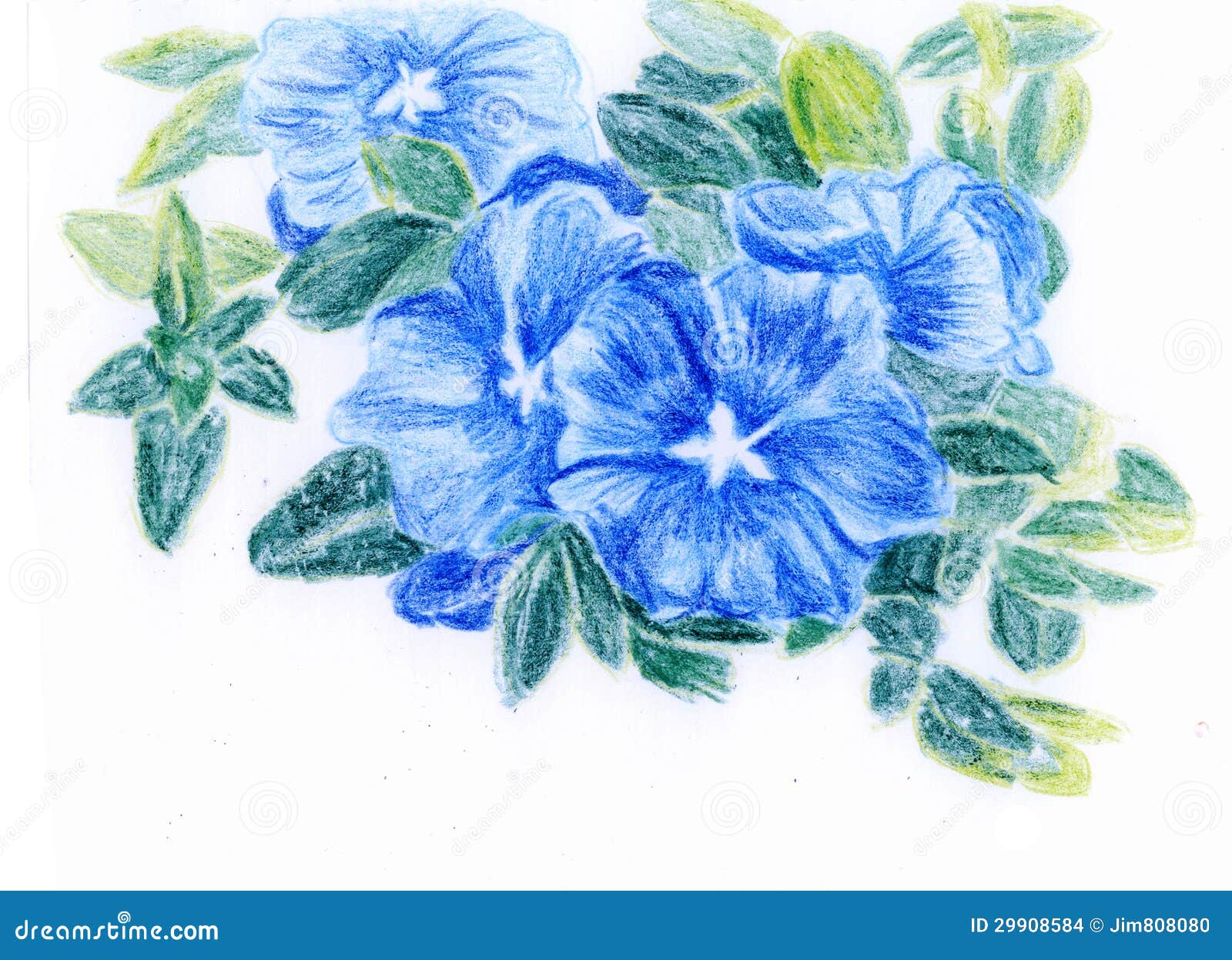 Crayon Illustration,a Bunch of Blue Flowers Stock Illustration