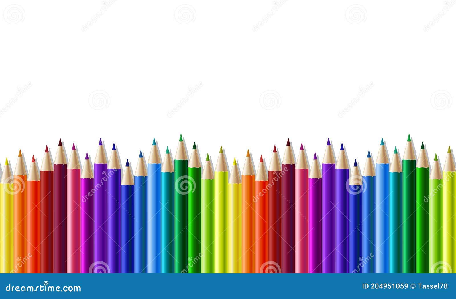 Colored pencil crayons in a row on white background Background