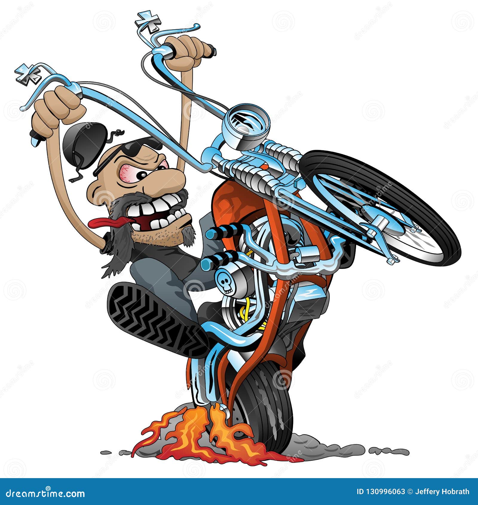 crazy biker on an old school chopper motorcycle cartoon  