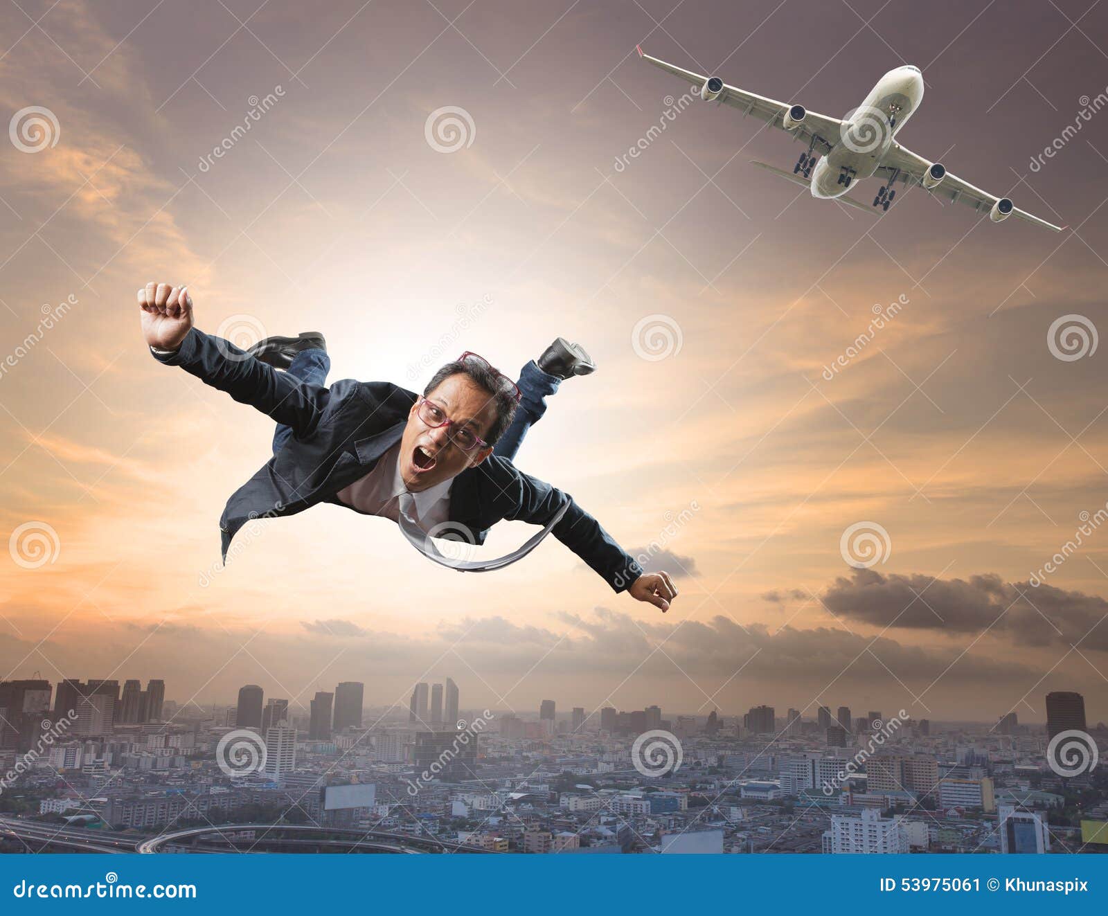 crazy business man flying from passenger plane with glad and hap