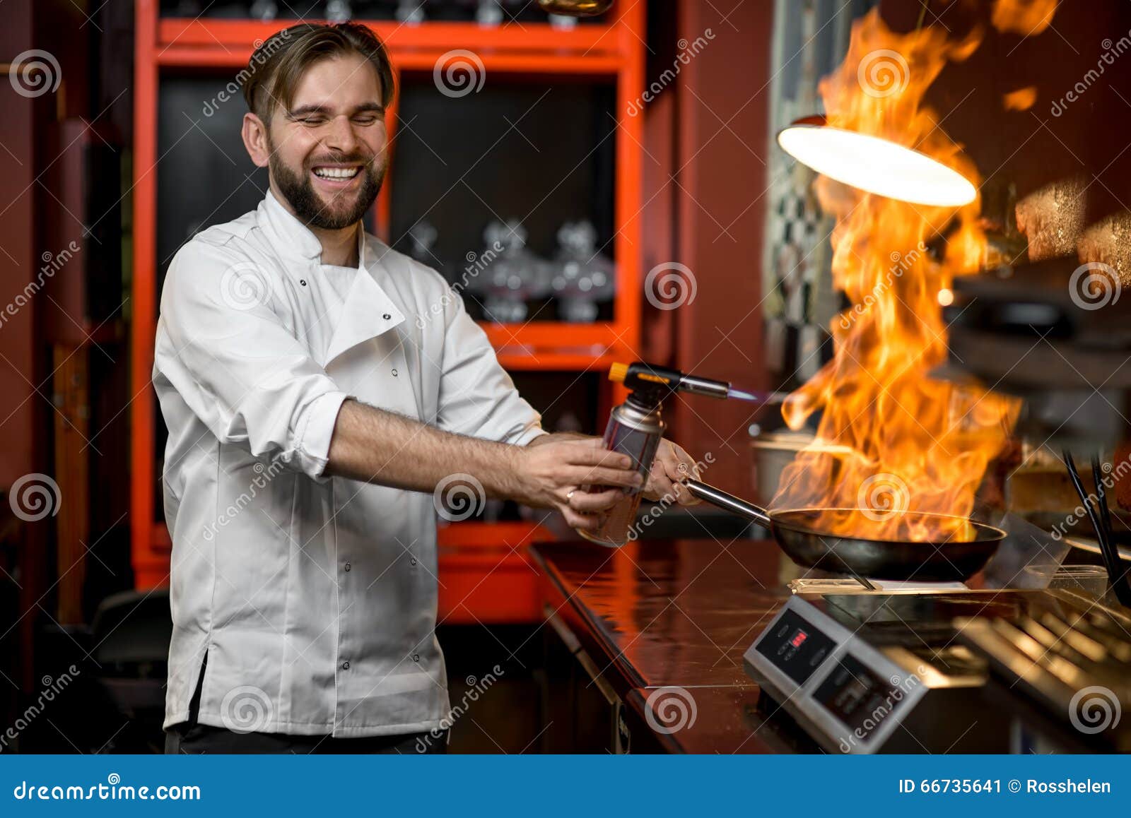Crazy Chef Cooking with Big Fire on the Frying Pan Stock Image Image
