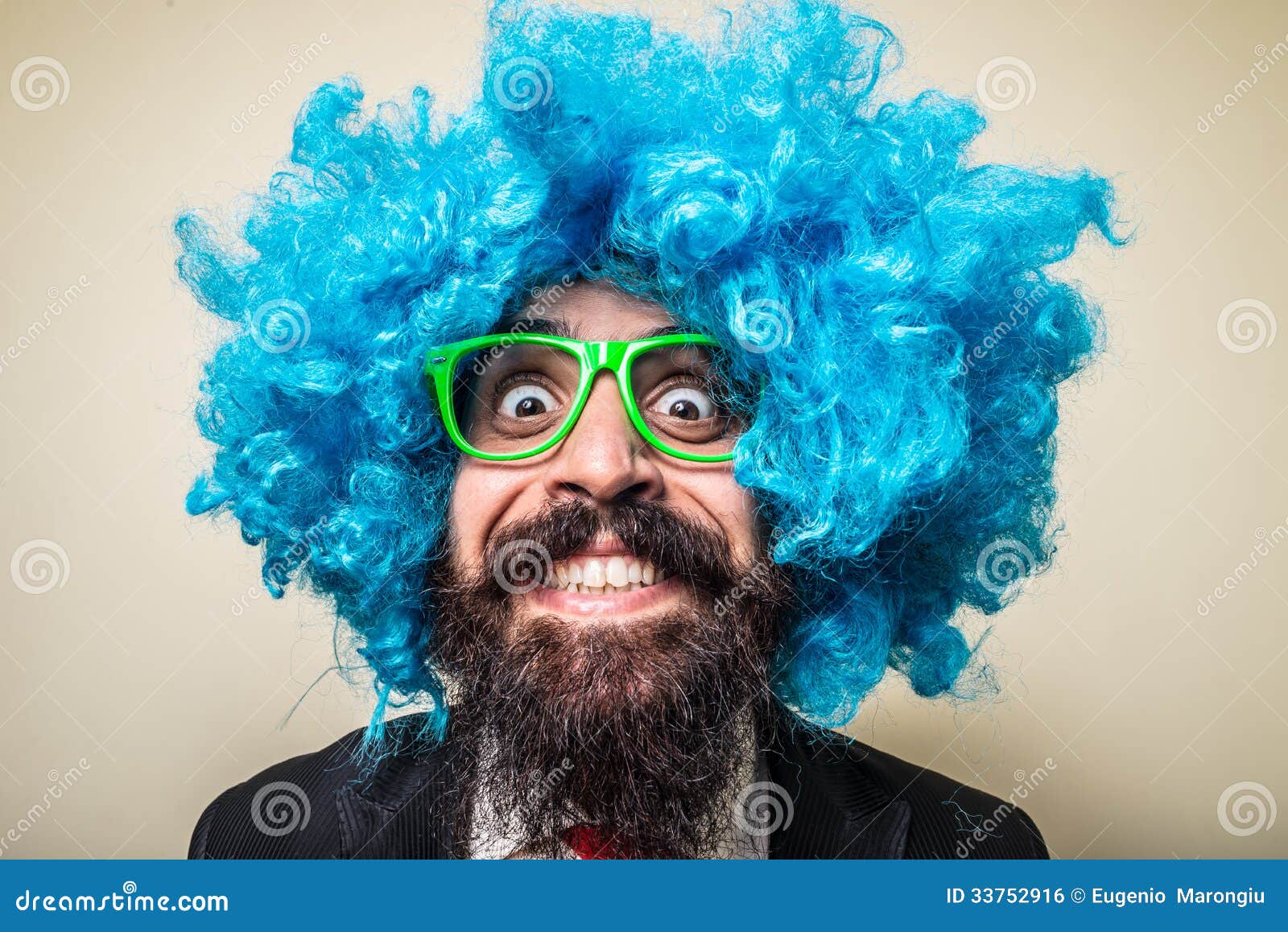 Crazy Funny Bearded Man with Blue Wig Stock Photo Image of party