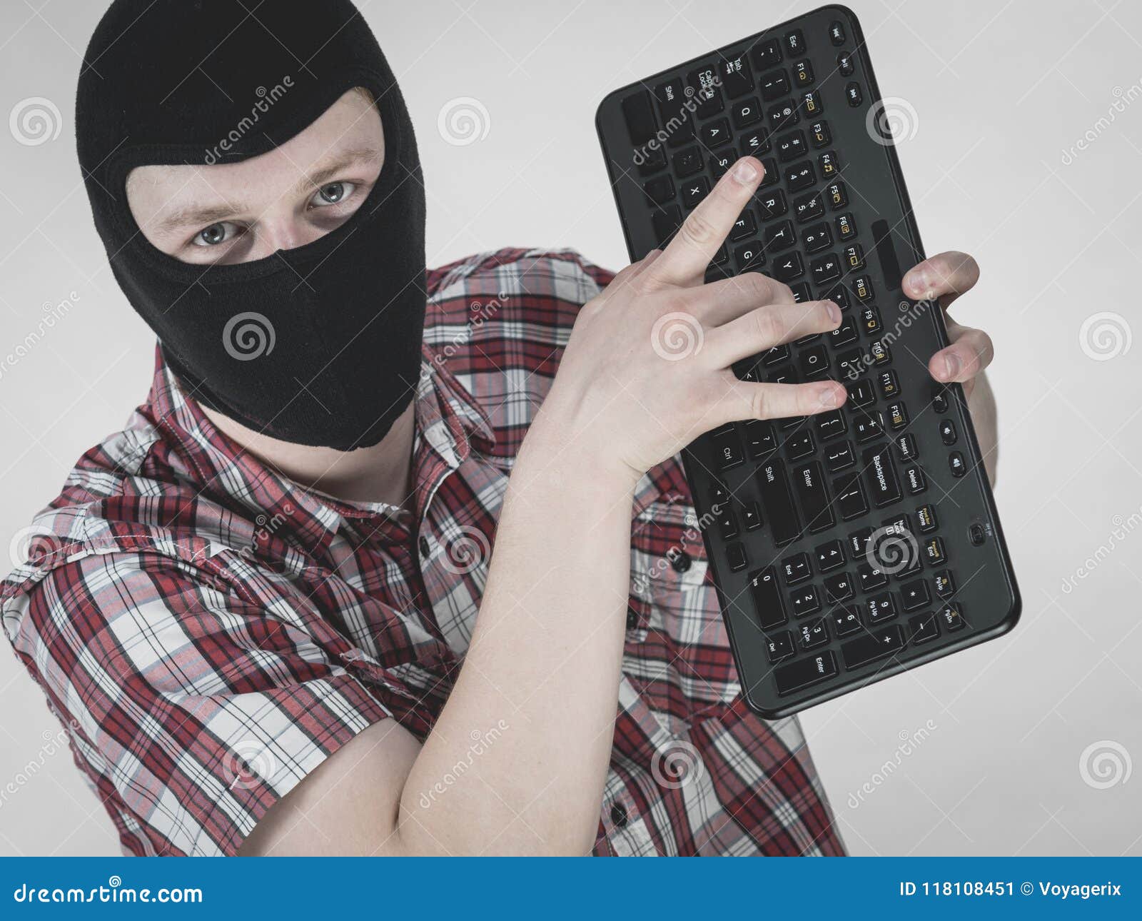 Man Wearing Balaclava Holding Keyboard Stock Image Image of rude