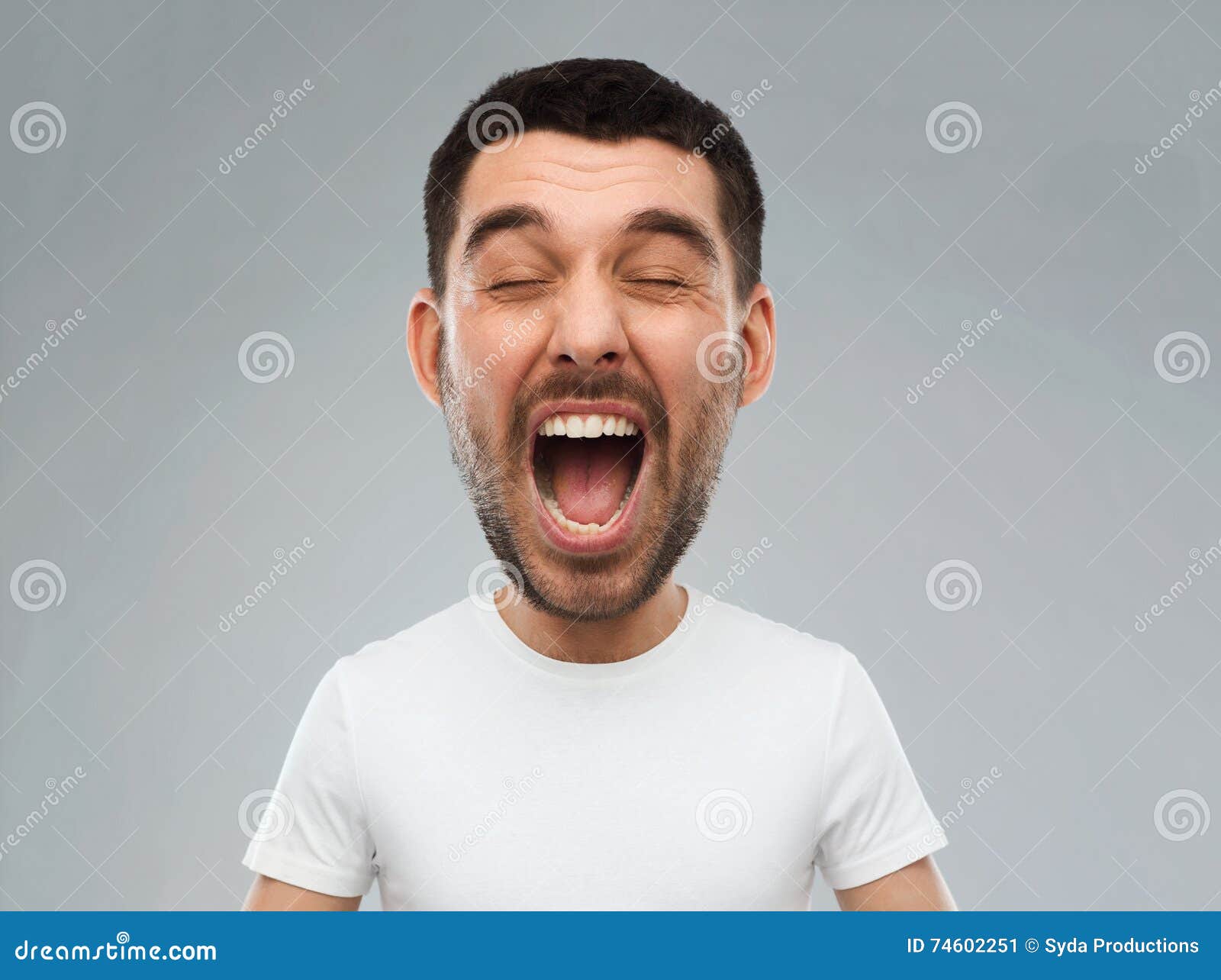 Crazy Shouting Man In T-shirt Over Gray Background Stock Image - Image ...