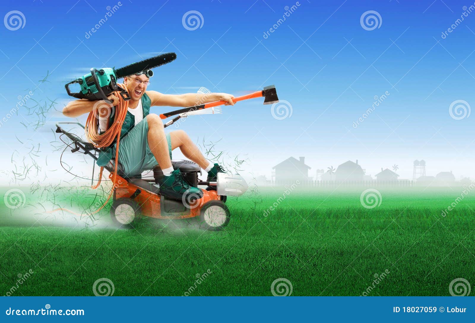 crazy workman driving lawn mower