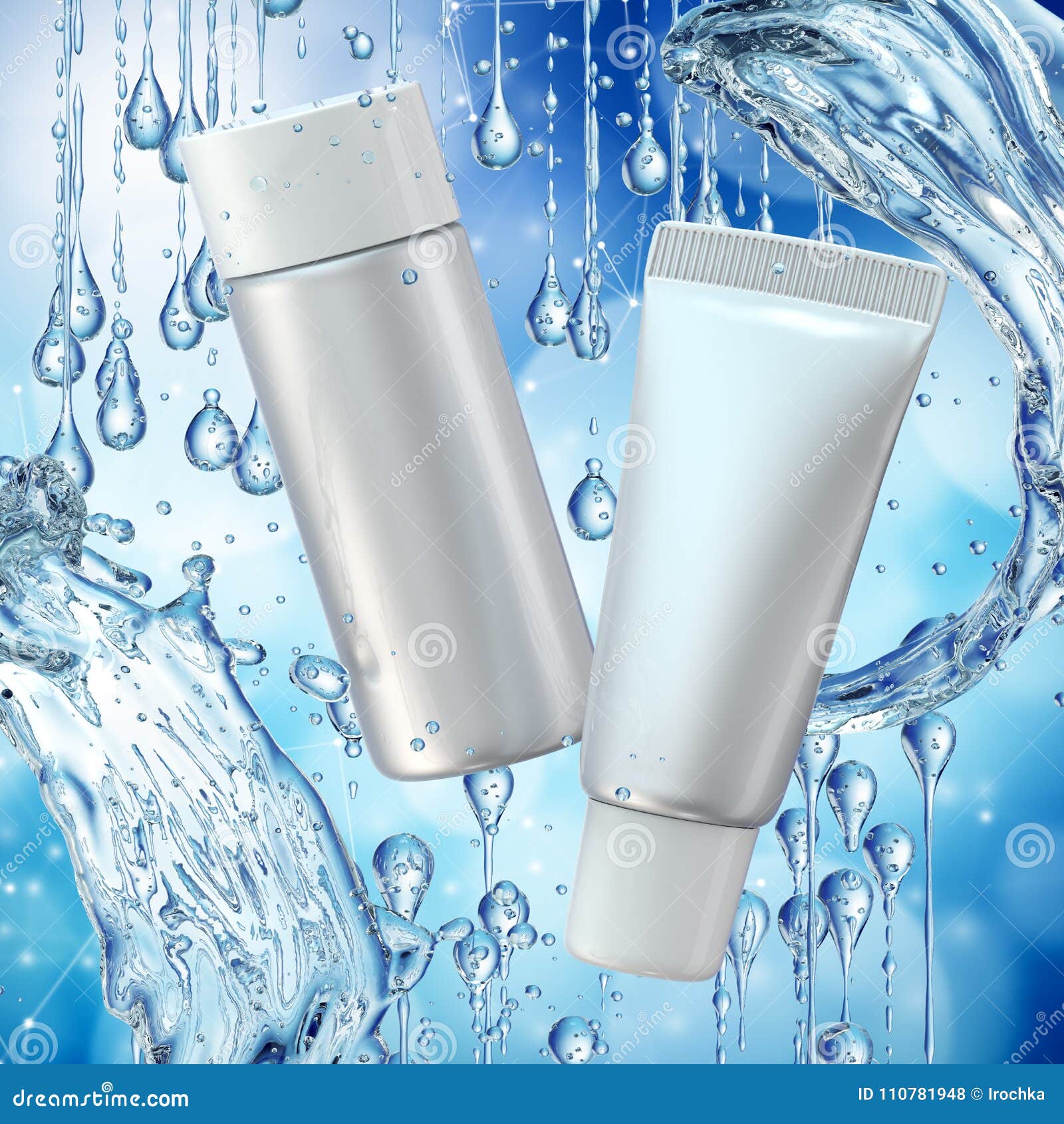 Download Cream Bottle Mock Up In Water Splash On Blue Bokeh Background. Stock Illustration - Illustration ...