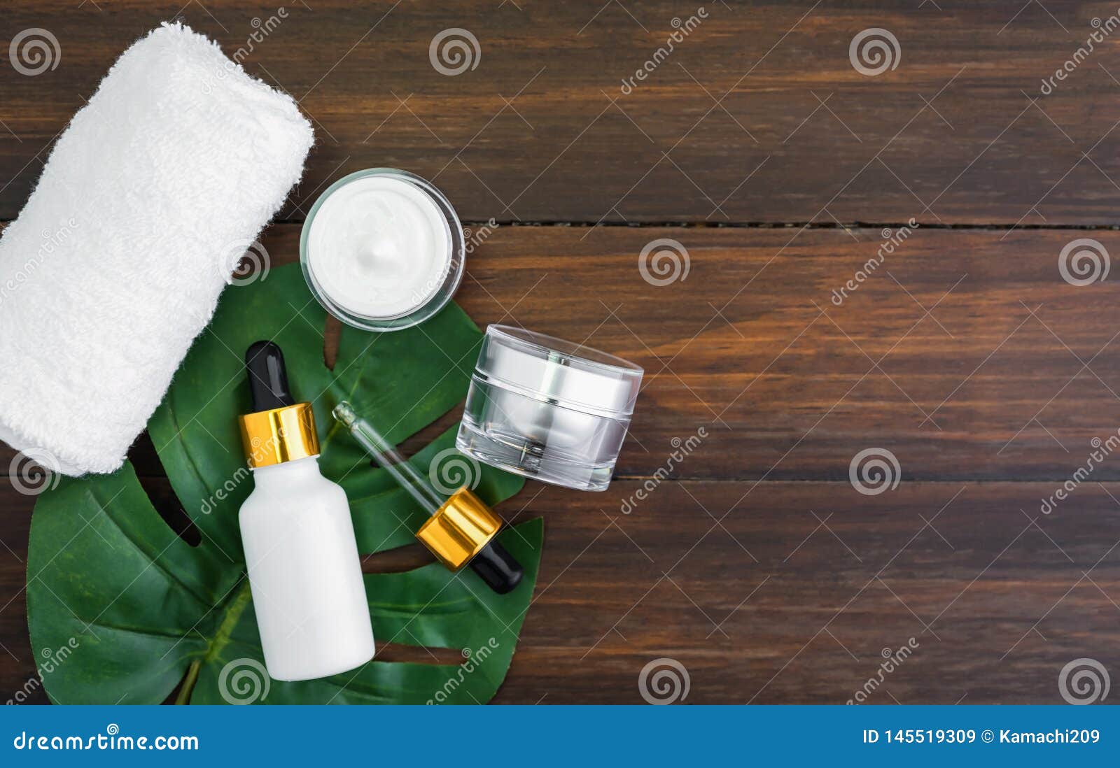 Download Cream Bottle Set And Serum, Mockup Of Beauty Product Brand. Top View On The Wood Background ...