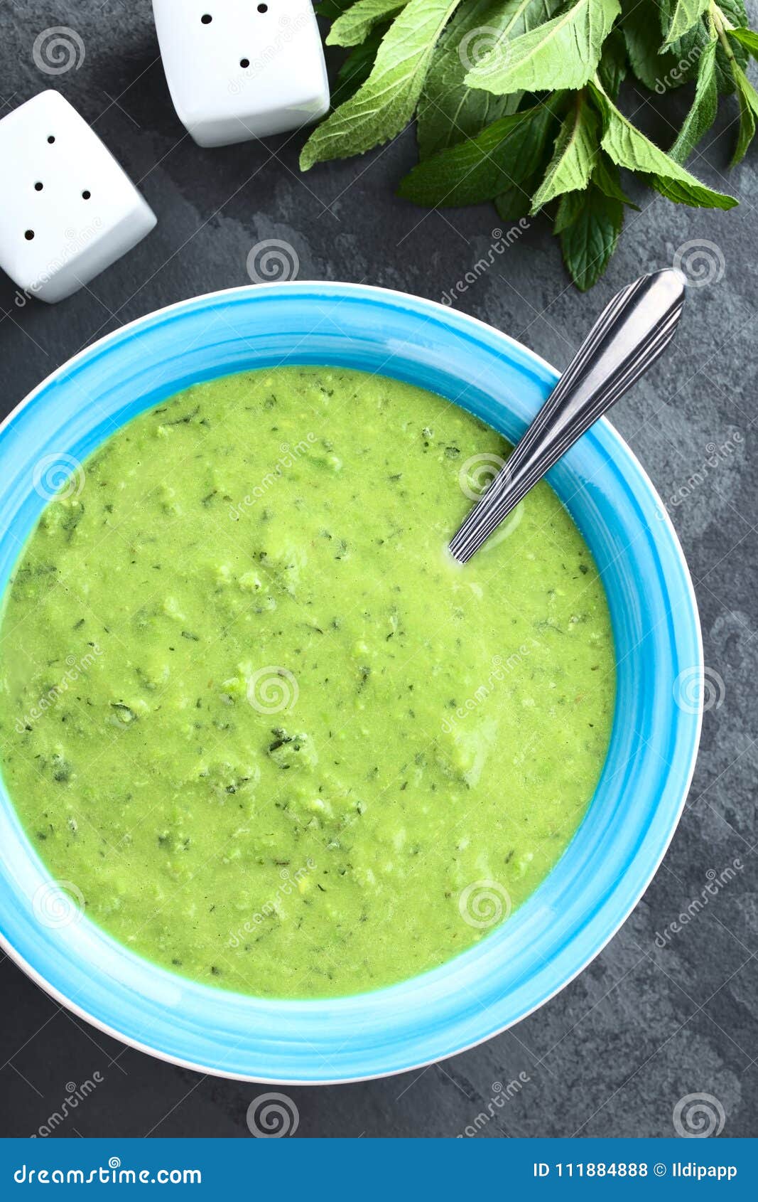 Cream of Green Pea and Mint Soup Stock Photo - Image of light, bowl
