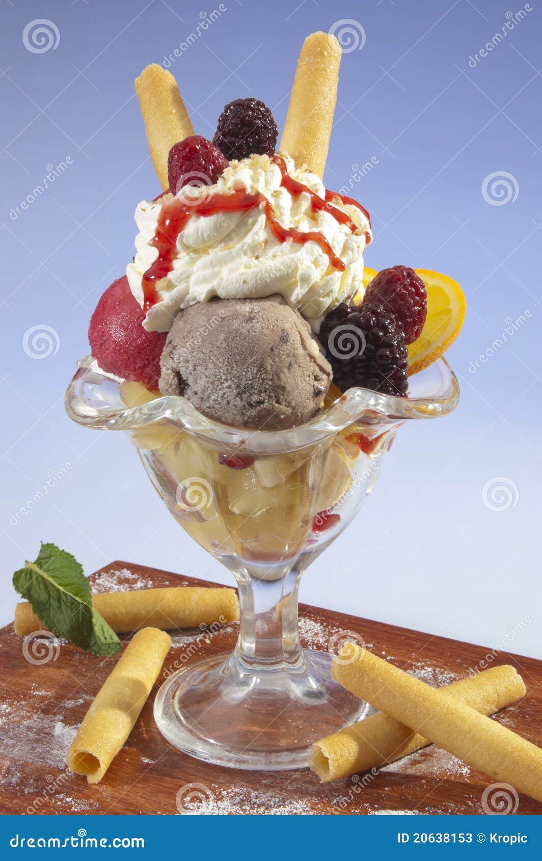 Cream Ice Sundae W Fruit and Whipped Cream Stock Image Image of