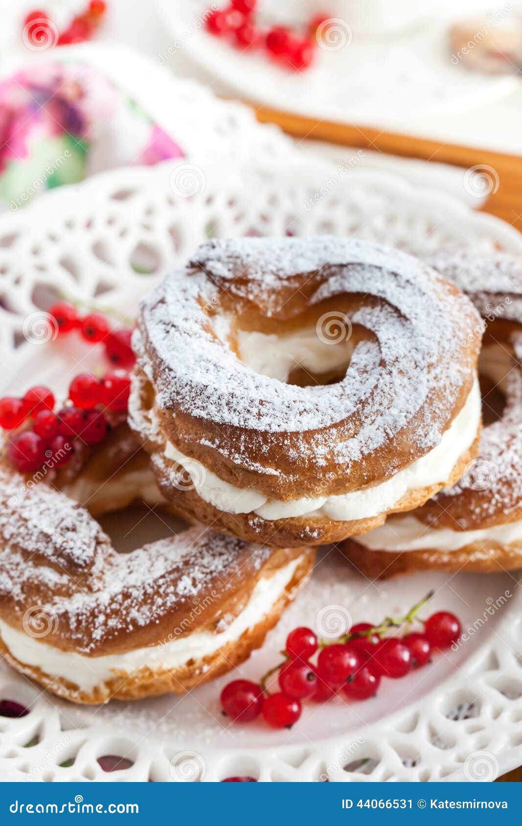 Cream Puff Rings Decorated with Fresh Red Currant Stock Image Image