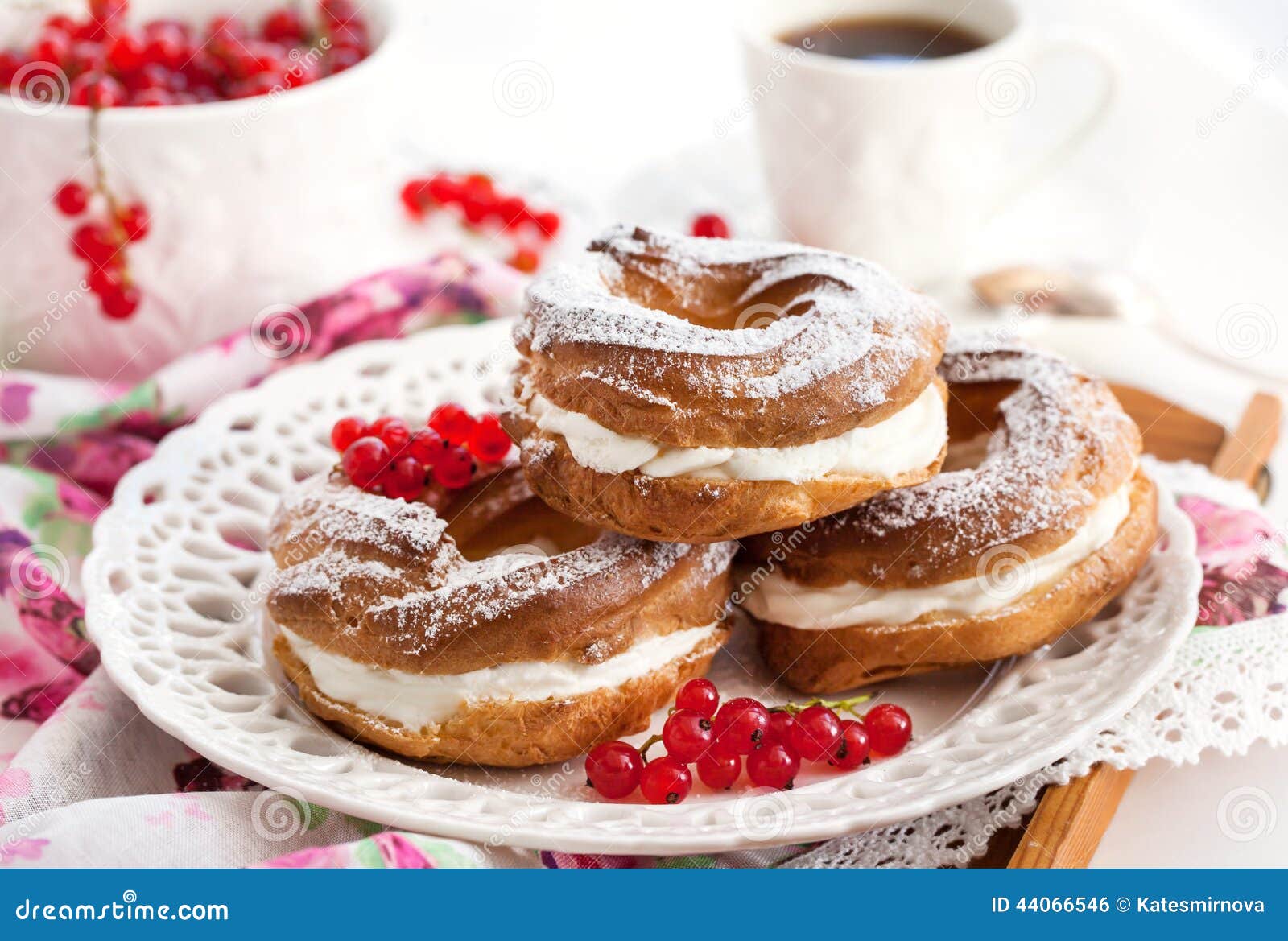 Cream Puff Rings Decorated with Fresh Red Currant Stock Photo Image