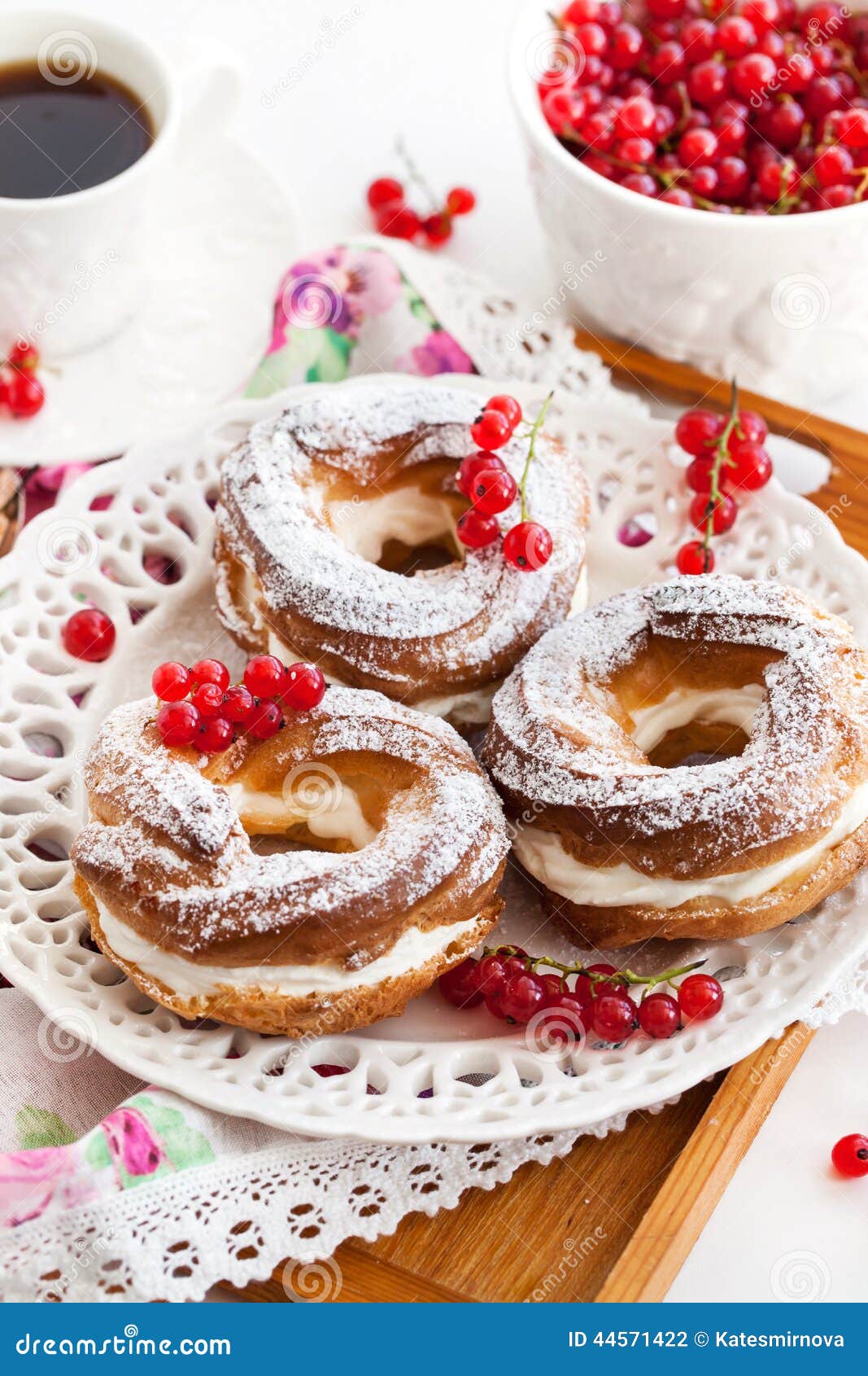 Cream Puff Rings Decorated with Fresh Red Currant Stock Photo Image