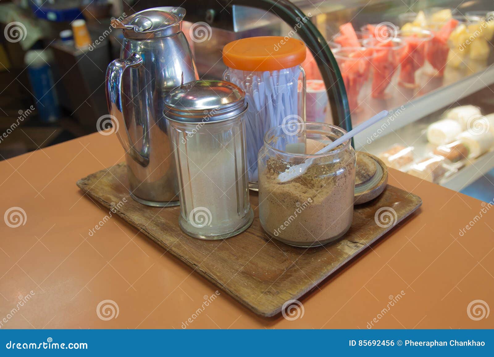 Cream and Sugar in Glass Bottle at Coffee Shop Stock Photo Image of