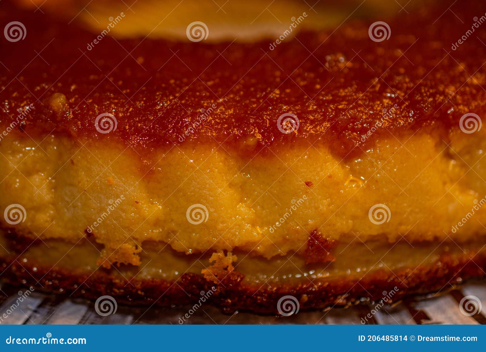 Creamy Bread Pudding with Caramel Sauce. Selective Focus. Stock Photo