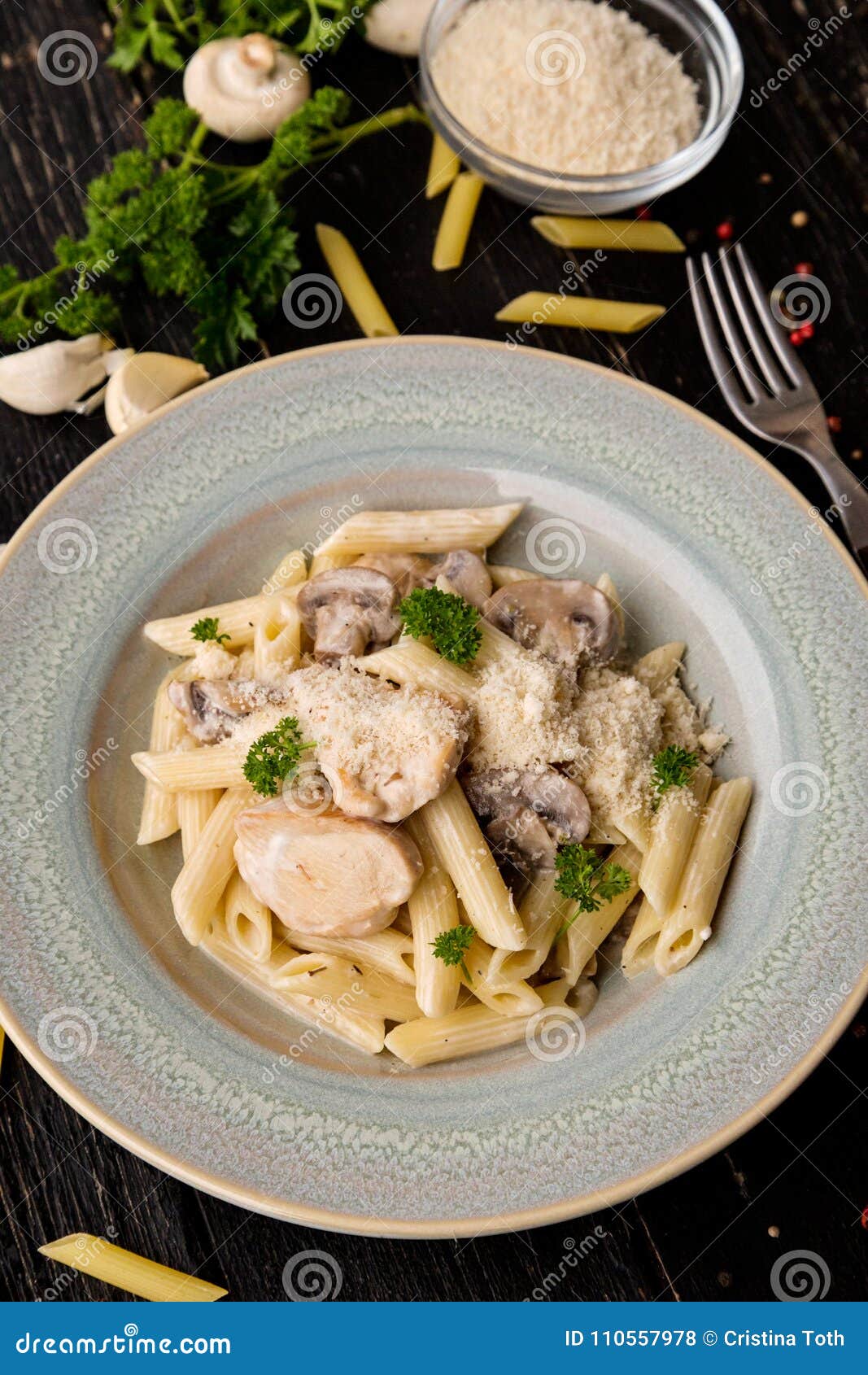 creamy chicken and mushroom with penne pasta