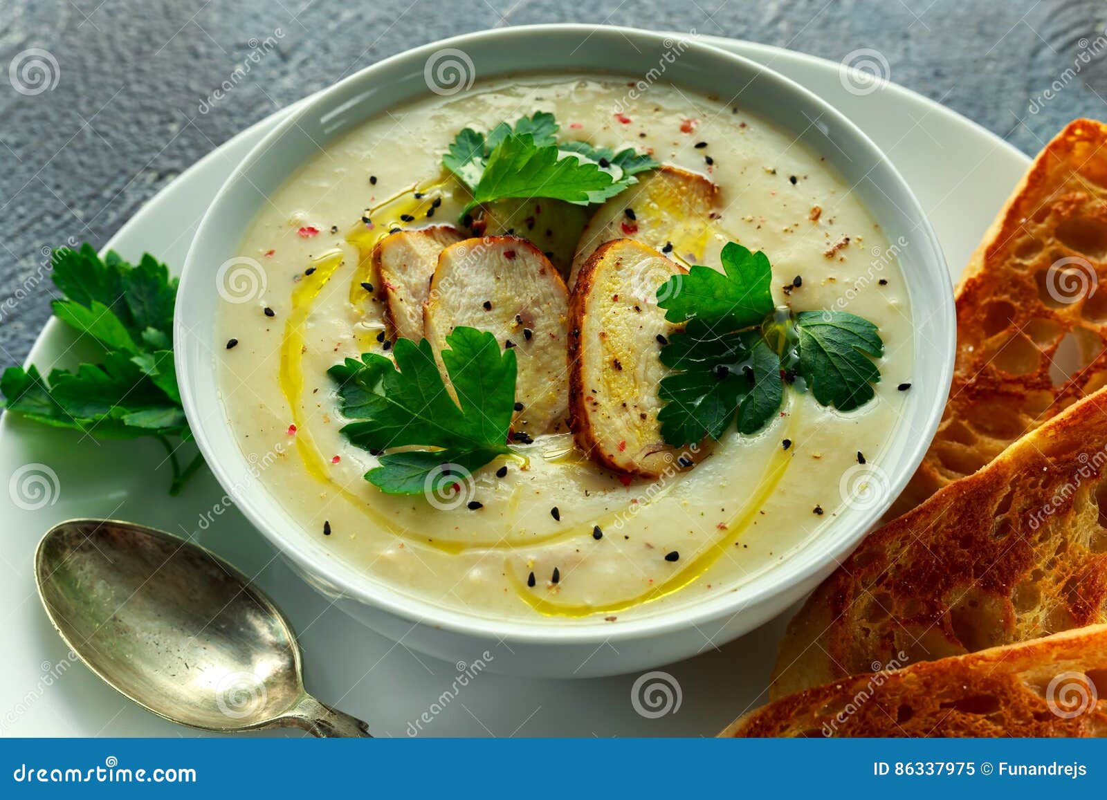 Creamy Chicken Soup with Vegetables in Bowl with Chiabatta Toast ...