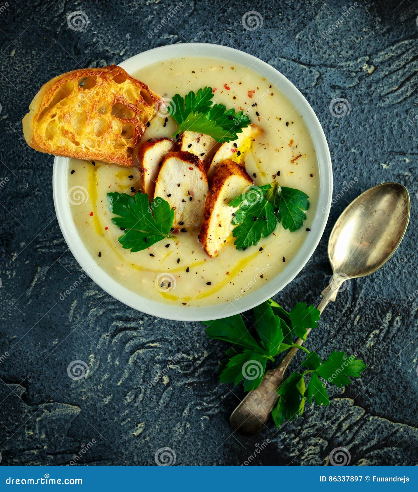 Creamy Chicken Soup with Vegetables in Bowl with Chiabatta Toast ...