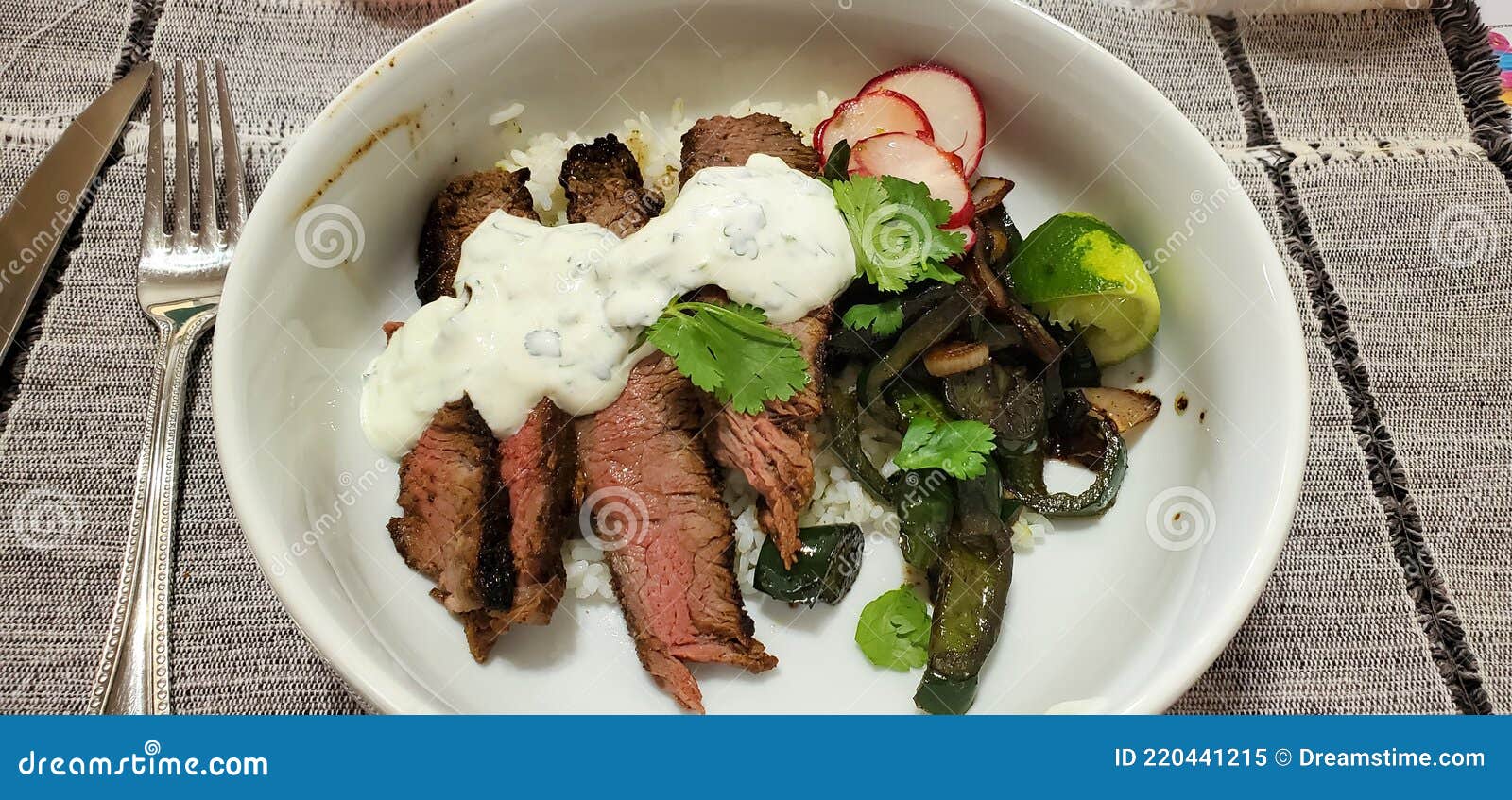 Creamy Cilantro Steak Bowl with Lime Rice Stock Image Image of meal, vegetable 220441215