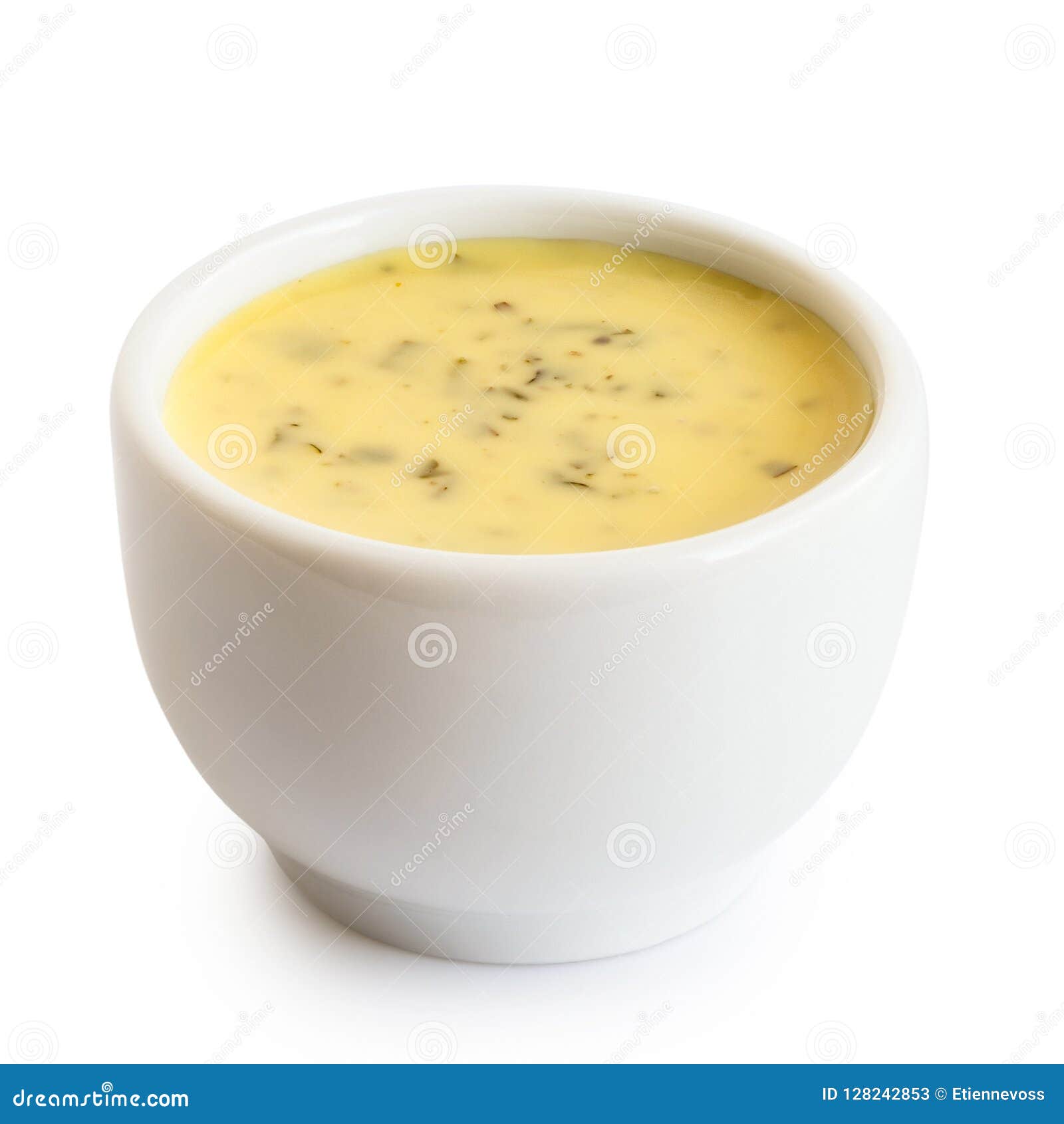 Creamy Herb Dressing in White Ceramic Condiment Bowl Isolated on Stock